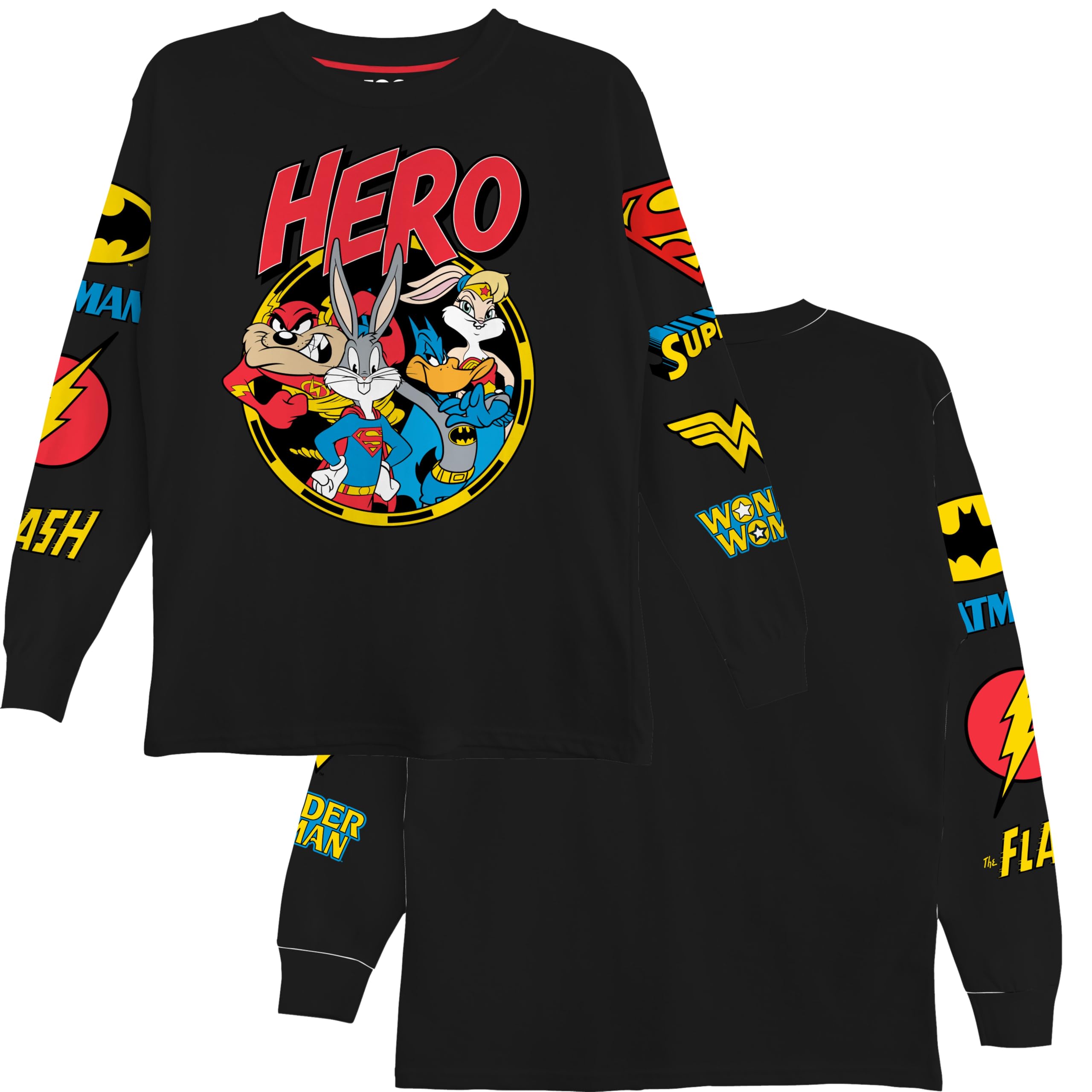 DC Comics Camiseta de manga larga para niños de Superman Super Hero Looney Tunes para niños pequeños y grandes, tallas 4-20