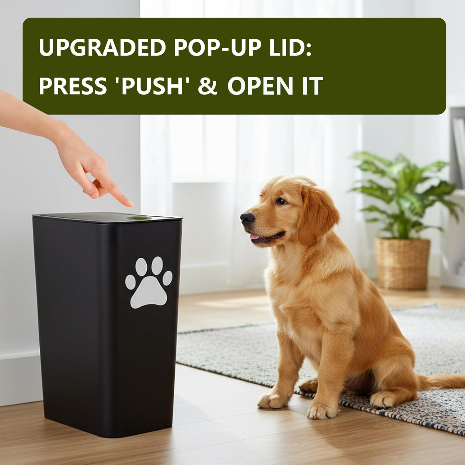 Dog Poop Trash Can Outside Plastic,10L/2.6Gal Outdoor Dog Poop Wast Trash Can Bucket with Pop-Up Lid,Small Pet Waste Container-(Include 75 Waste Bags)-Ideal for Yard,Porch-Black