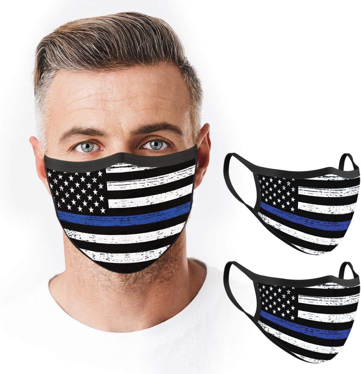 VTH GLOBAL Pack 2 Thin Blue Line Police Lives Matter Back Deputy Sheriff Law Enforcement Support American Flag Design Print Cloth Face Mask Reusable Washable Breathable Masks for Women Men