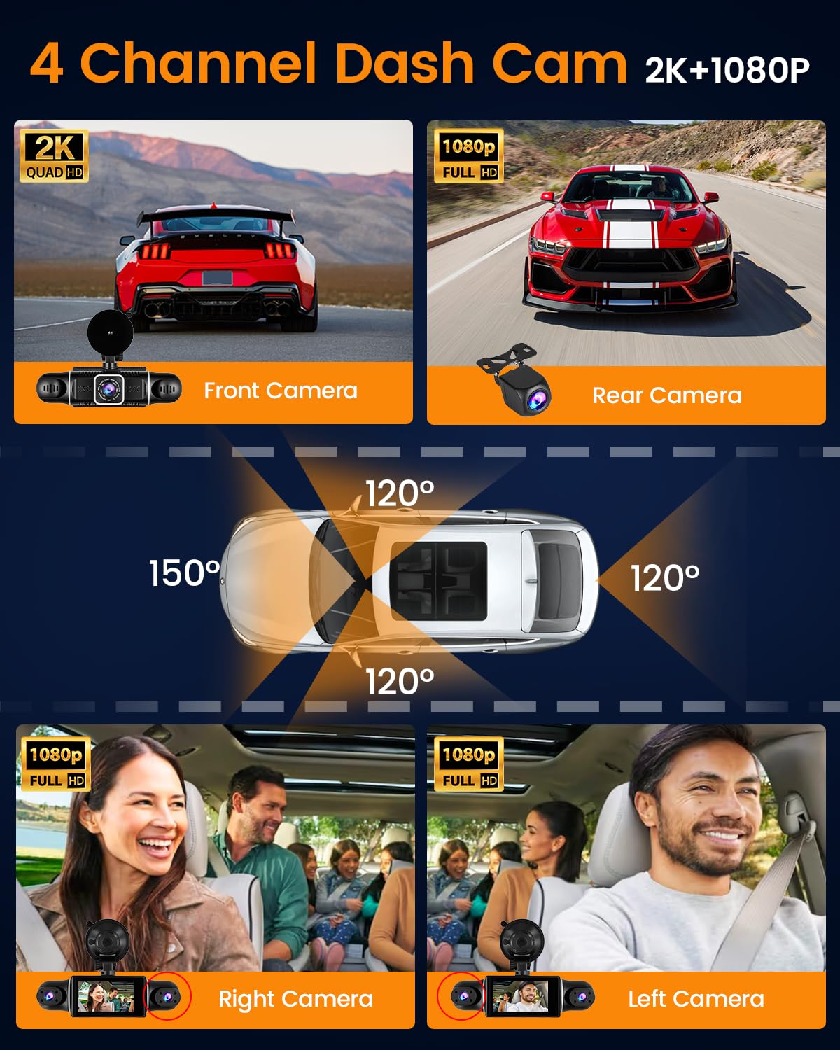 2K WiFi kamera samochodowa 4-kanałowa z kartą SD 64 GB, kamera Dashcam FHD 2K przód + 1080P tył wewnętrzny lewy i prawy - nagrywanie w pętli, czujnik G, noktowizor, monitorowanie parkowania, kopia