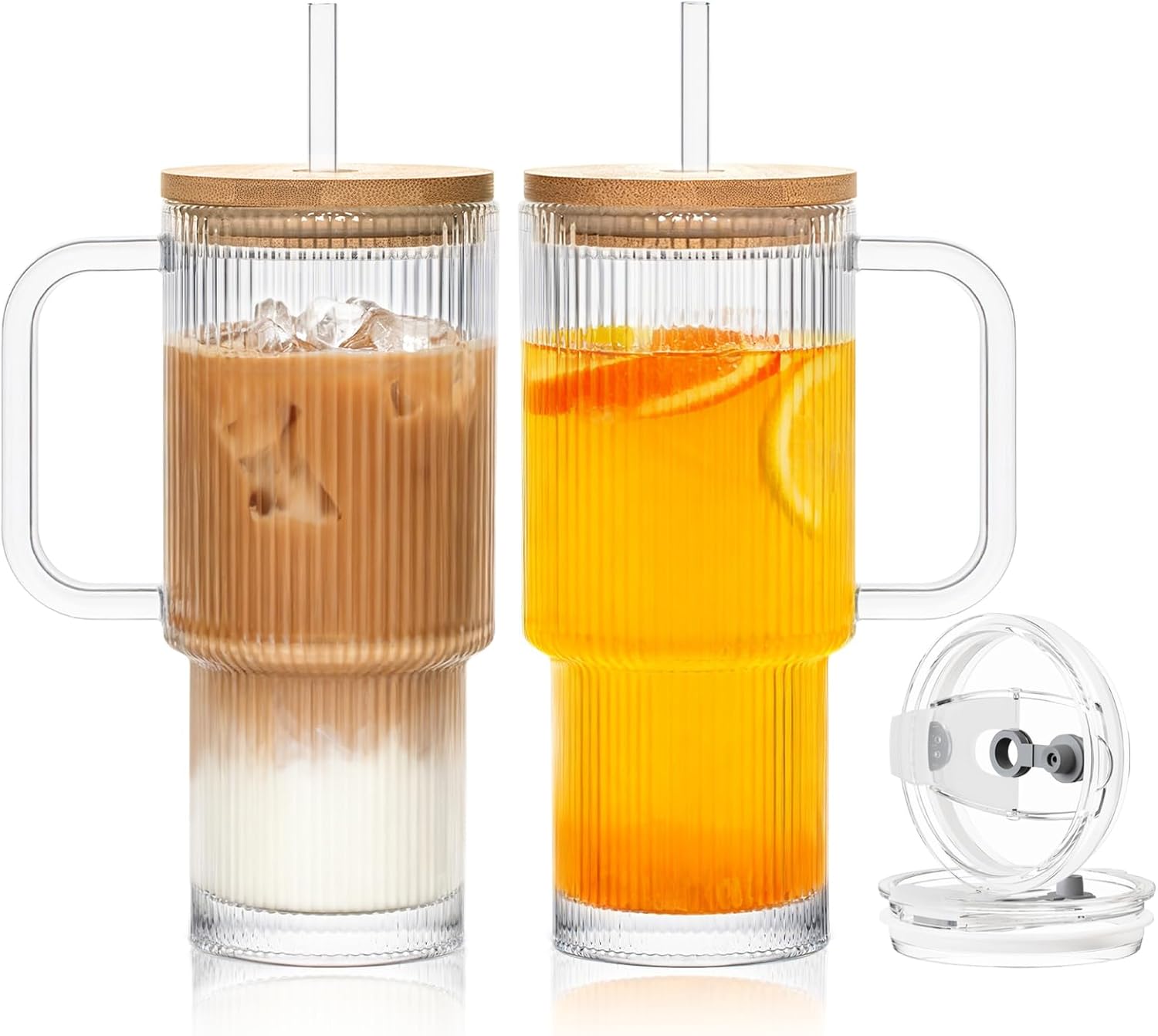 24oz Ribbed Glass Tumbler with Handle and Bamboo Lid, Set of 2 Glass Cups with Lids and Straws for Coffee, Tea, Juice and Smoothies, Reusable Iced Coffee Cups Includes 2 Sealed Plastic Lids