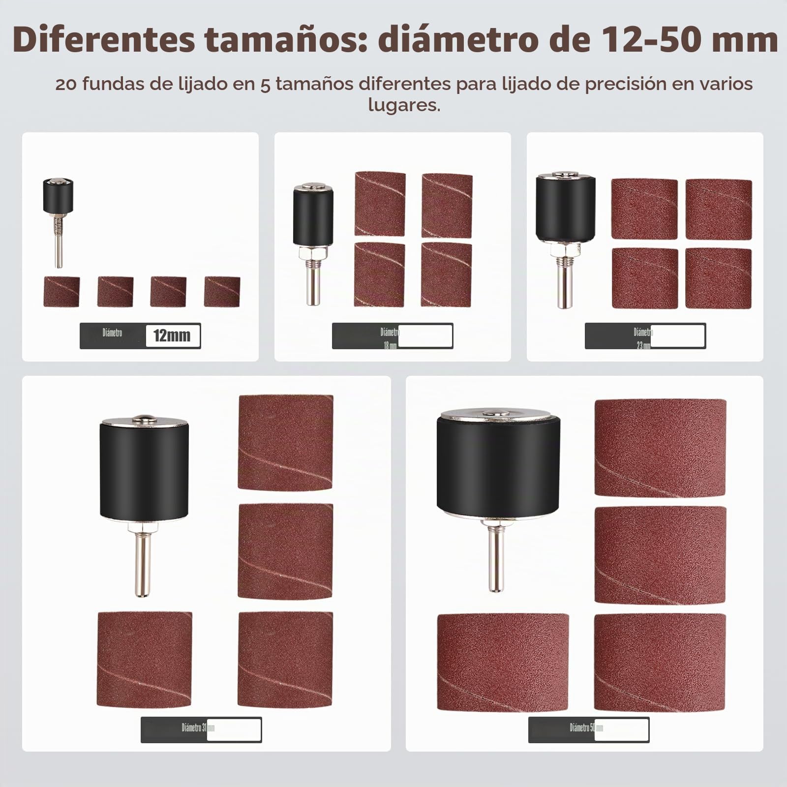 FreeTec 25 piezas Tambores de Lijado, Mangas de Lijado Grano 80 y 120, 1/8" 1/4" Kit Cilindros de Lijado, Tambor Lija de Madera para Taladro, Ø12 18 23 31 50 mm