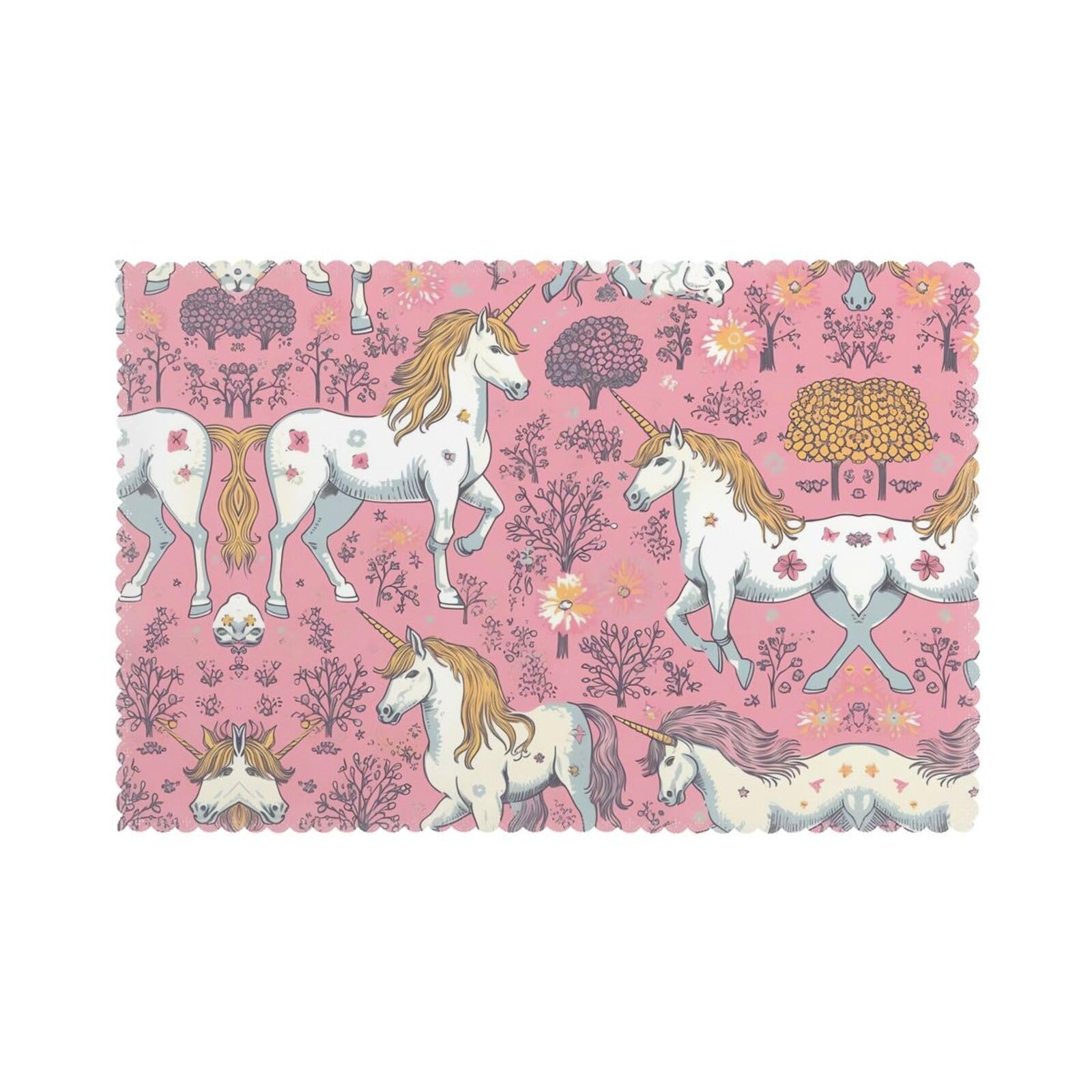 Sets de table d'extérieur lavables grand format 45x30 cm au motif licorne rose imprimé