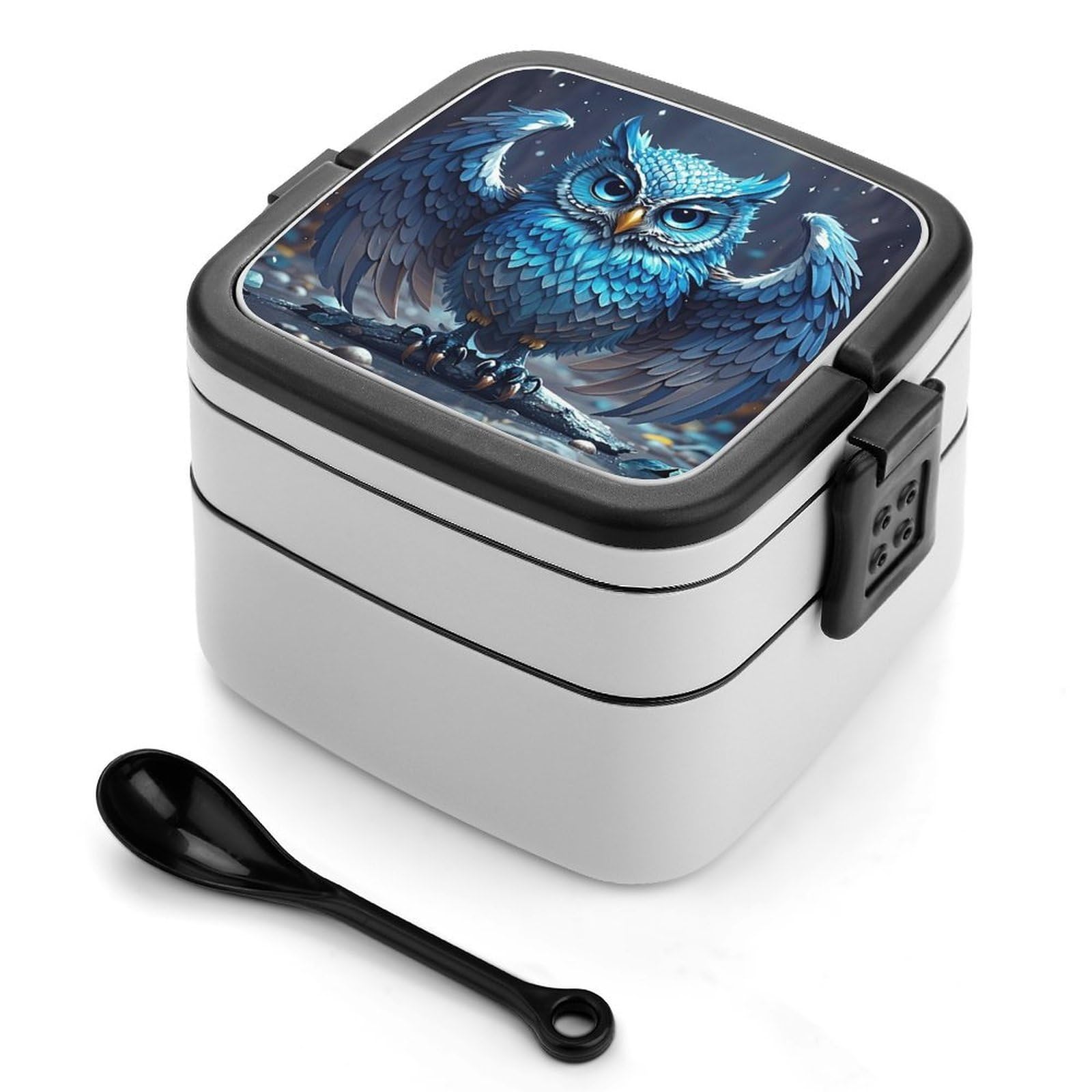 FekiLoot Blue Owl Bento Box Adult Lunch Box Sealed Bento Lunch Boxes with Spoon Sturdy Double Layer Bento Boxes Snap-on Design Leak Proof Lunch Containers Ideal for Work