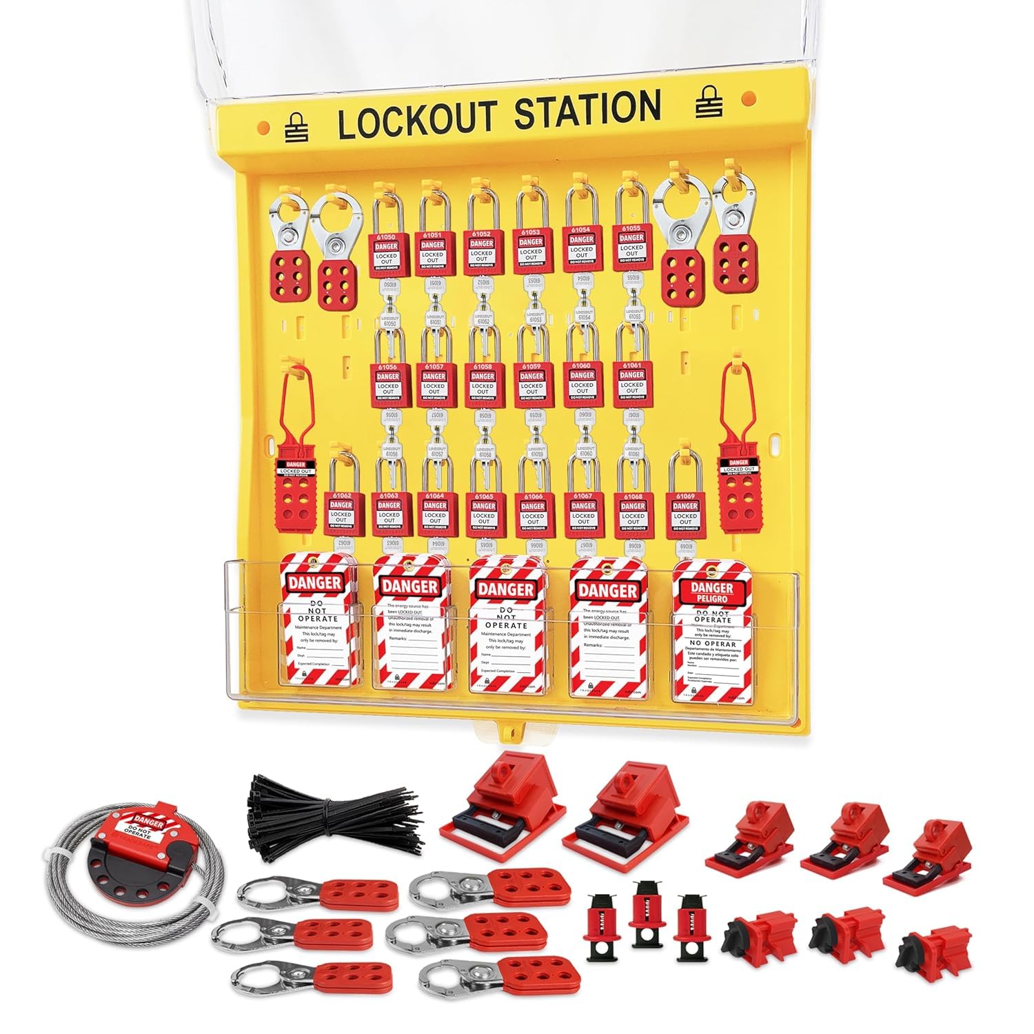TRADESAFE Estación de etiquetado de bloqueo: 105 dispositivos Loto, cerraduras de loto, dispositivos de bloqueo de interruptor, etiquetas de loto, cerrojo de bloqueo, bloqueo de cable, tablero de kit