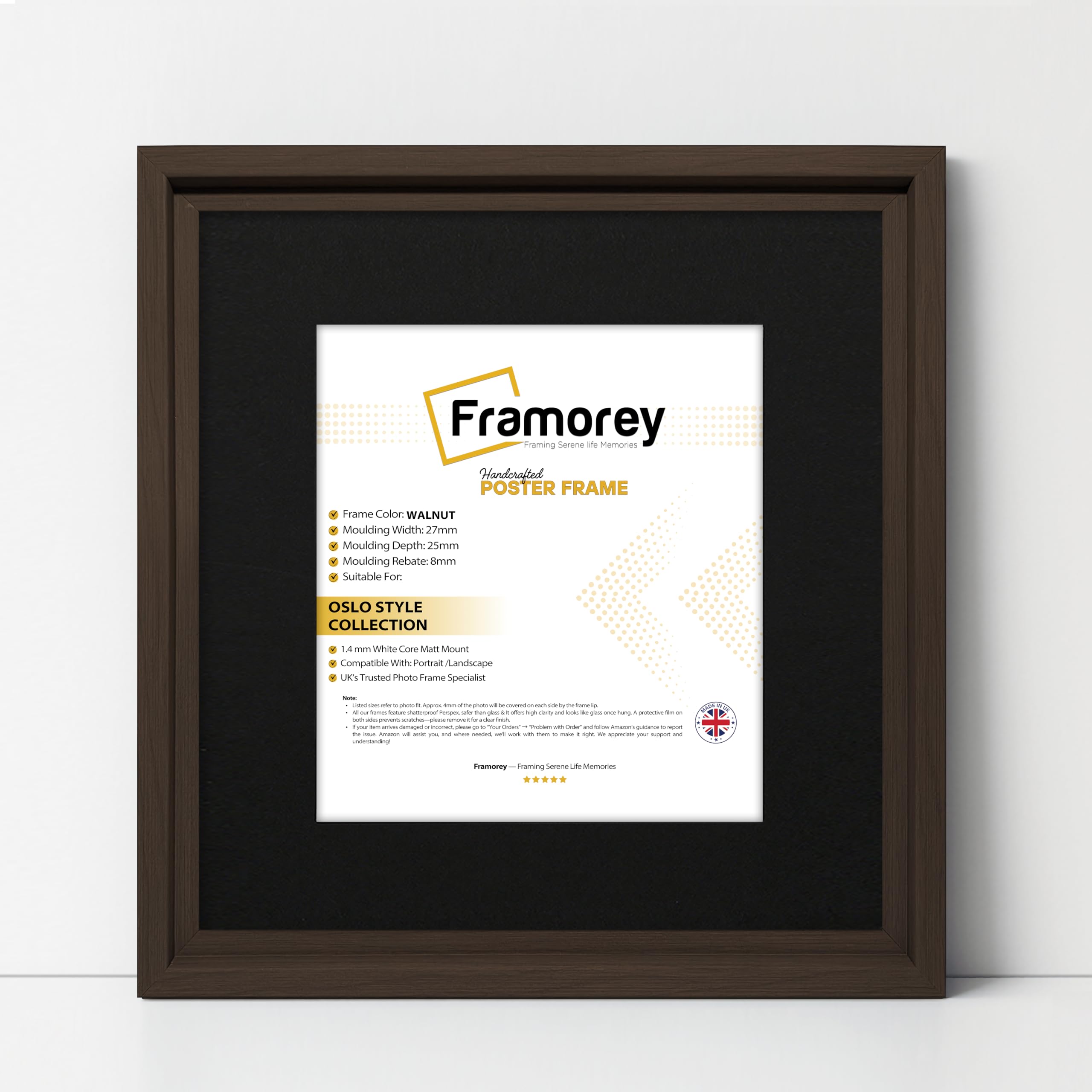 FRAMOREY Square Size Picture Frame, 17x17" Size Walnut Photo Frame With 15x15" Size Black Mount, Oslo Style Wall Art Frames, Photo College Frame