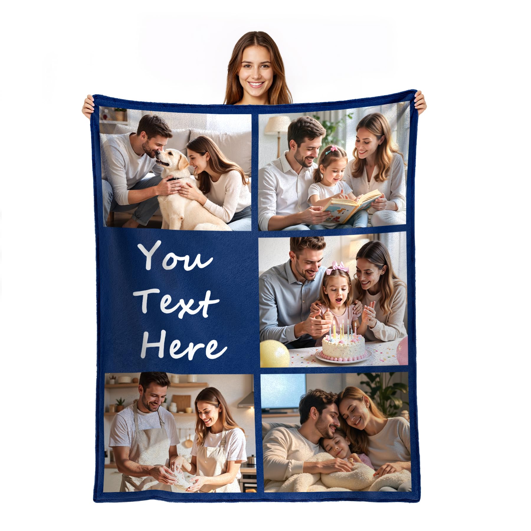 Personalised Photo Blanket for Adults, Custom Throw Blanket with Picture Text, Birthday Christmas Valentines Gifts for Girlfriend Boyfriend Her Him Women Men Couple (5 Photos and Text)