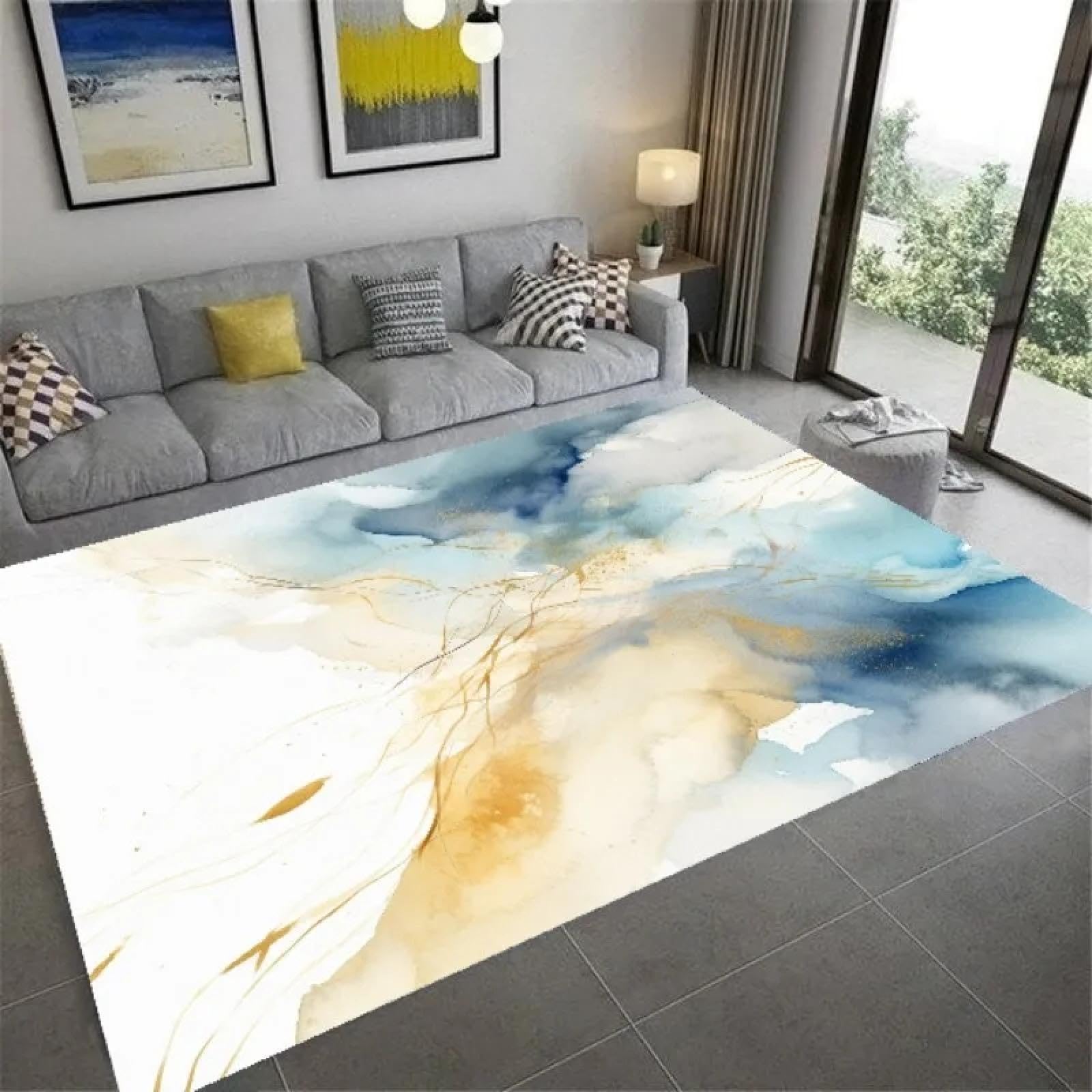 Alfombra azul geométrica de diseño elegante para salón y entrada