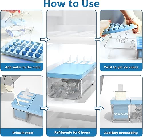 Miniatura 8 de Bandeja para cubitos de hielo con tapa y cubo con molde para paletas, 24 moldes para cubitos de hielo, 4 moldes para paletas, moldes para cubitos de