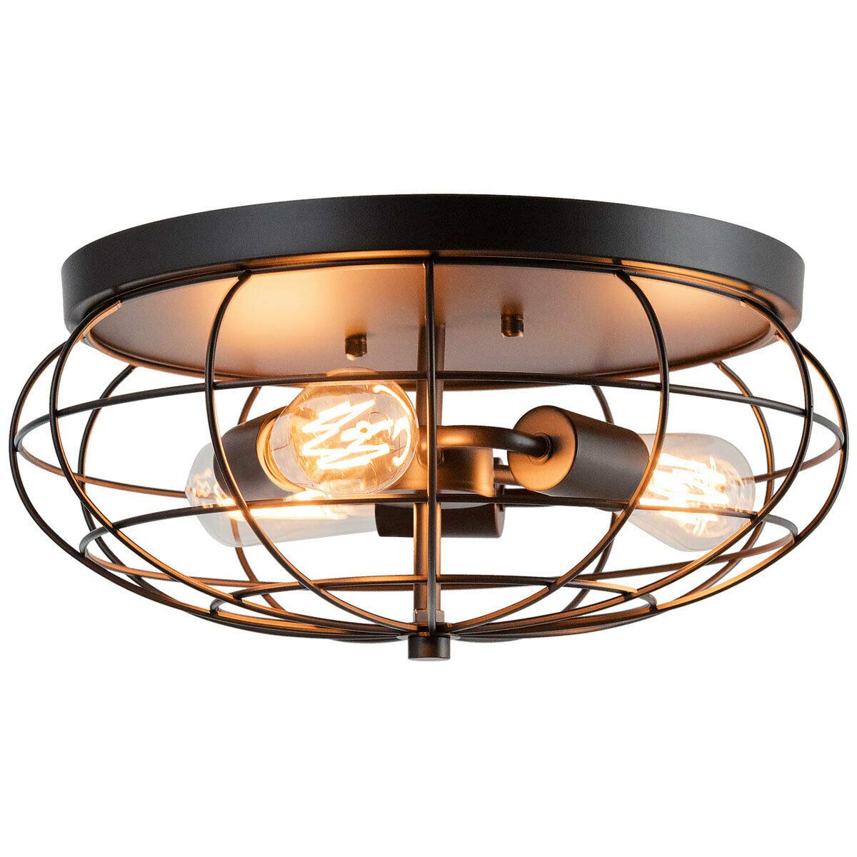 Tangkula Semi Flush Mount Ceiling Light 3-Light Industrial Style Rustic Ceiling Light Fixture with Iron Metal Cage Lampshade