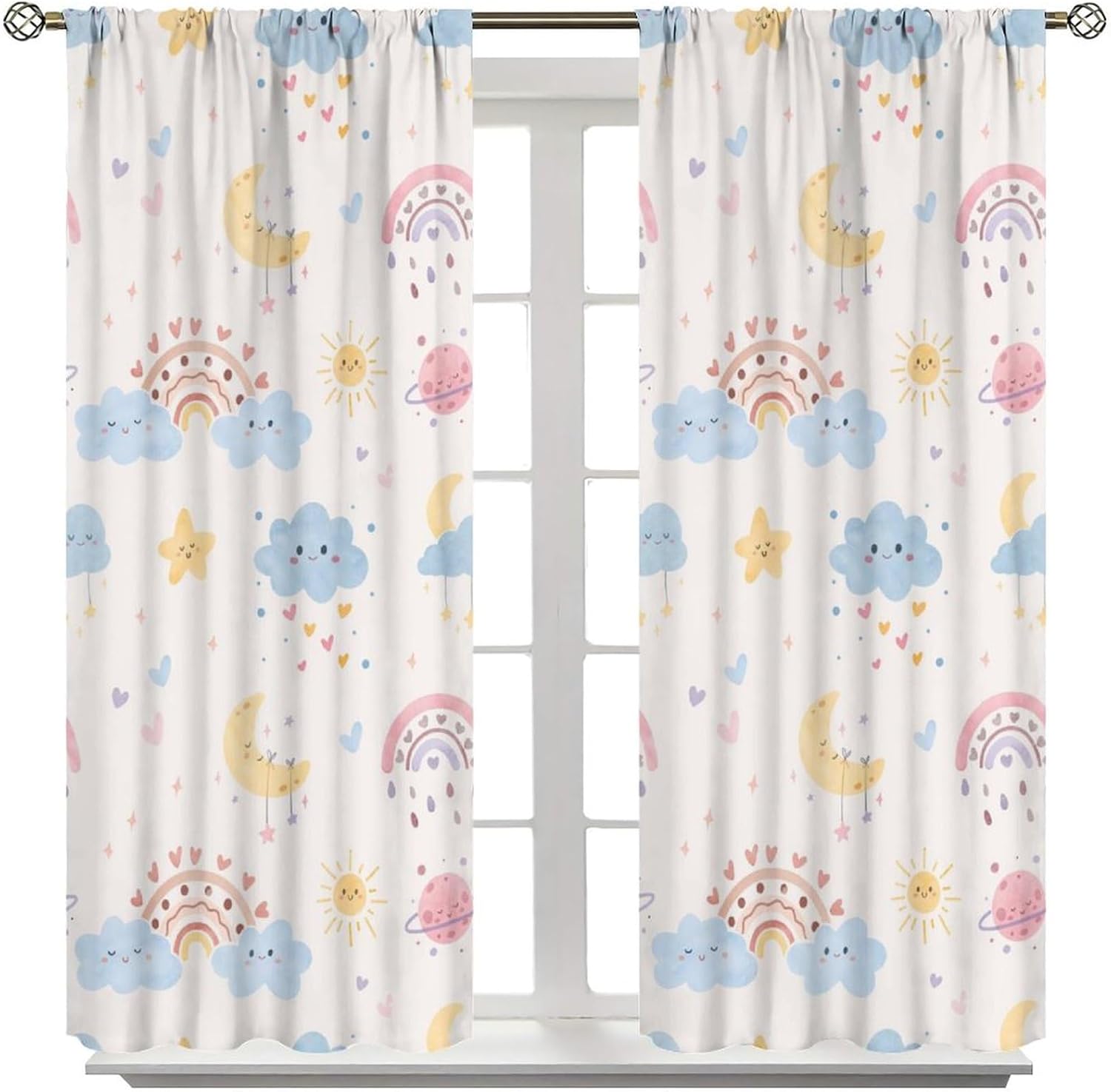 Kids Rainbow Blackout Curtains Boho Cute Cartoon Watercolor Stars Clouds Moon Sun Colorful Art Print Bedroom Living Room Kitchen Rod Pocket Decoration Window Drapes 2 Panels W21xL45in