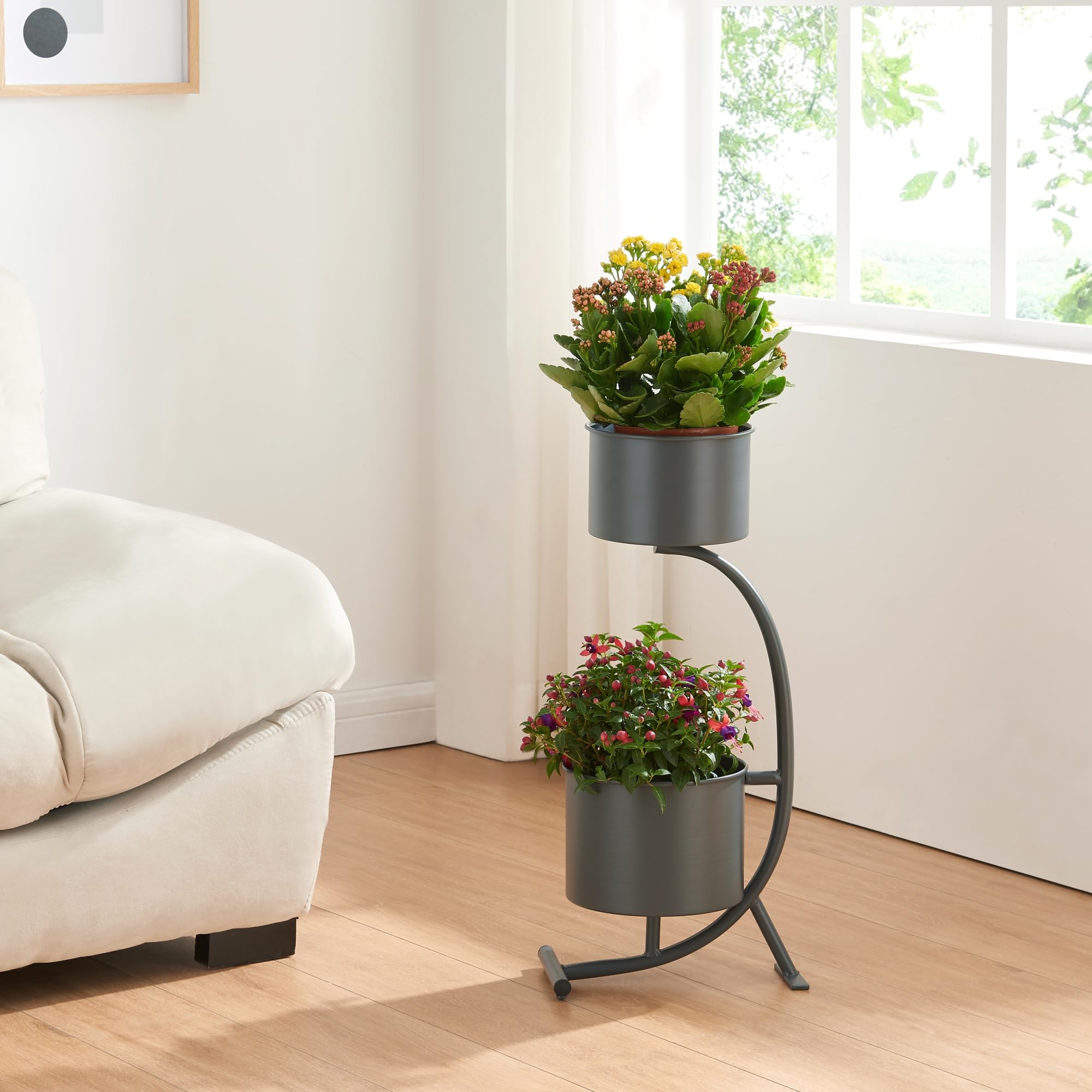 [en.casa] Soporte para Plantas en Forma de C Estantería de Pie con 2 Maceteros Incluidos para Flores Organizador de Macetas para Oficina Portamacetas Metal 63x29x21cm - Negro