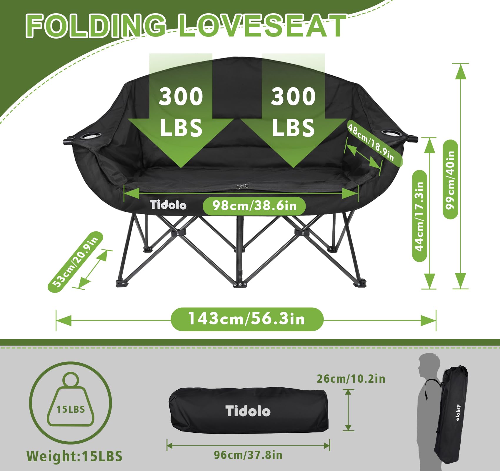 Double Camping Chairs, Oversized Loveseat Camping Chairs for Adults, Outdoor Folding Chairs Lawn Chairs Camping Couch with Cup Holder & Wine Glass Holder for Outside - Support 600Lbs (Black)