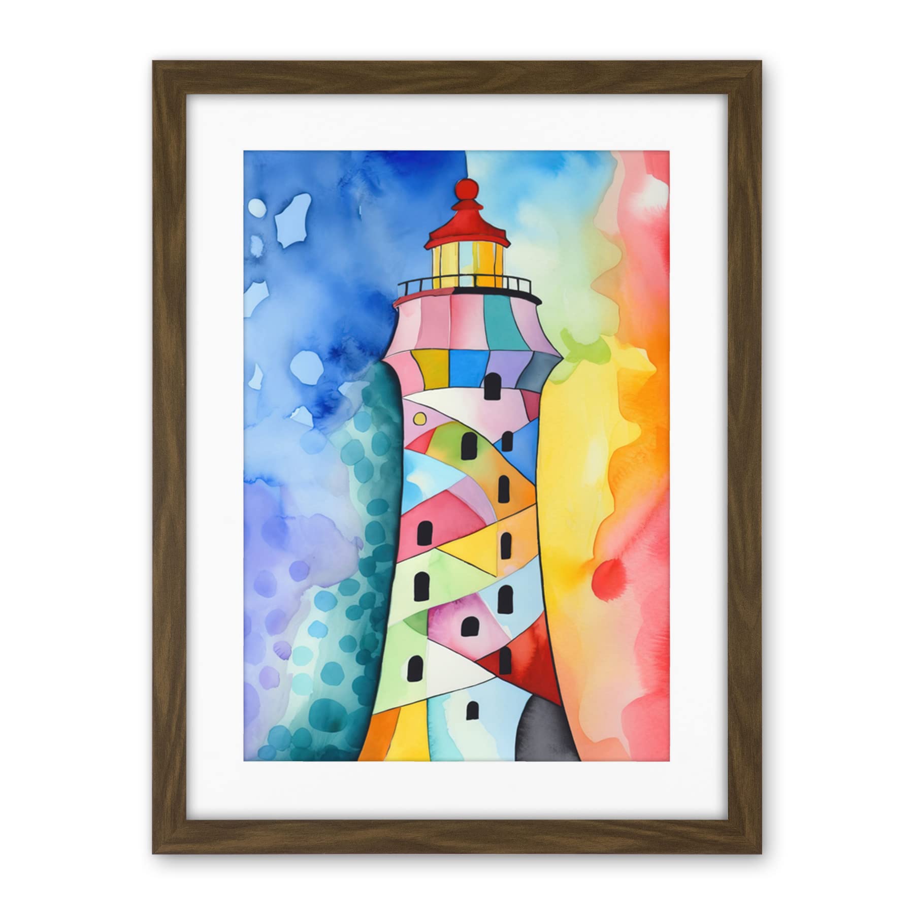 Artery8 Lighthouse Concept With Rainbow Colour Sky Folk Art Watercolour Painting Artwork Framed Wall Art Print 18X24 Inch