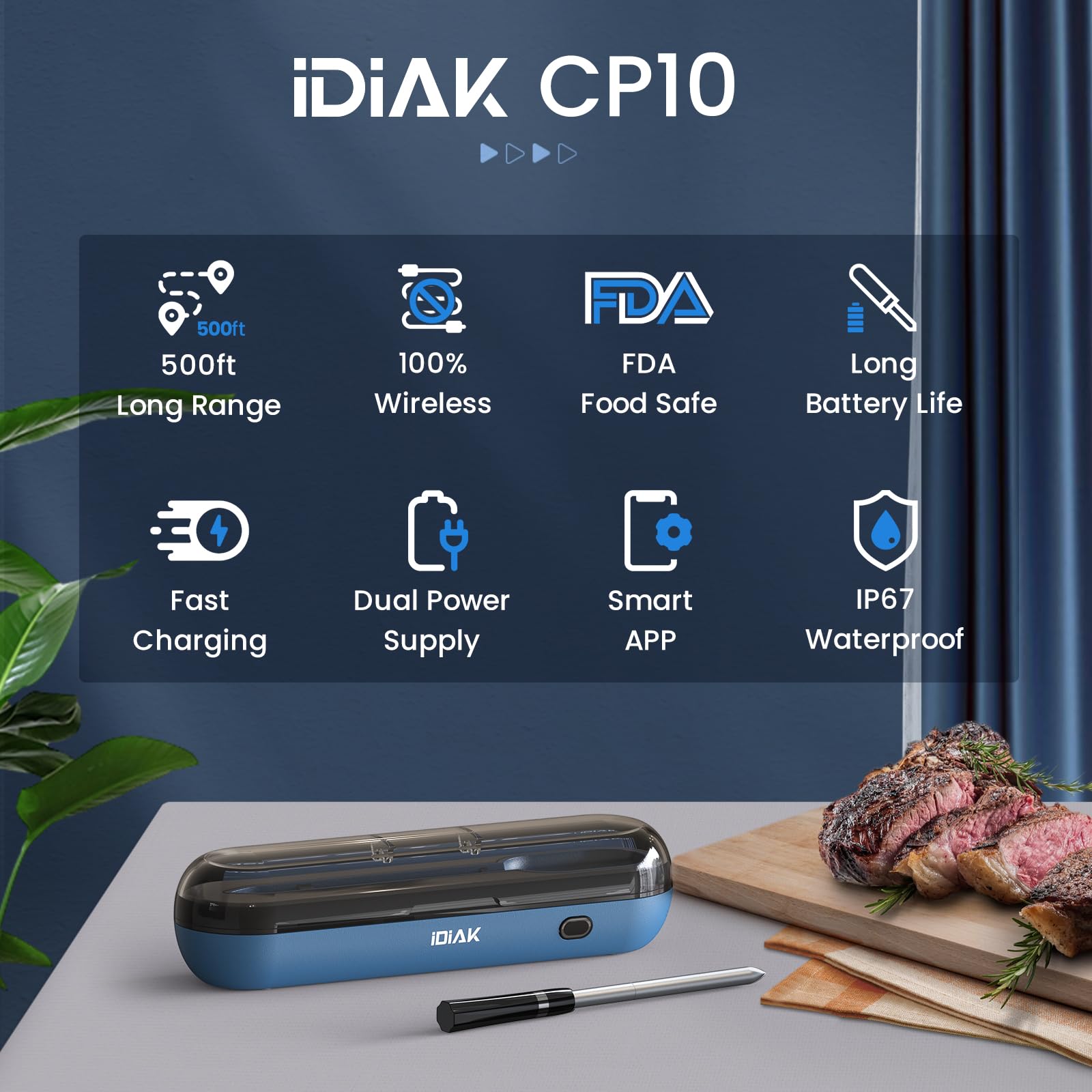 iDiAK Wireless Meat Thermometer for Grilling and Smoking, CP10 New Gen 500FT Meat Probe Thermometers, Dual Sensor, Dual Alarm, Smart Food Thermometer Probe for BBQ, Oven, Grill, Smoker, Sous Vide