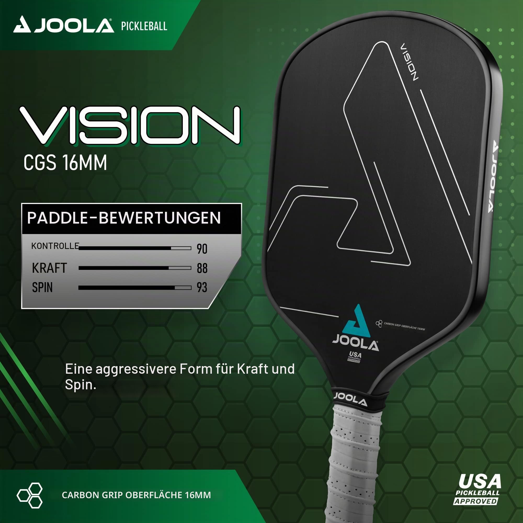 JOOLA Vision Pickleball-Paddel mit strukturierter Carbon-Grip-Oberflächentechnologie für maximalen Spin und Kontrolle mit zusätzlicher Kraft – Pickleballschläger aus Polypropylen, Waben-Kern,