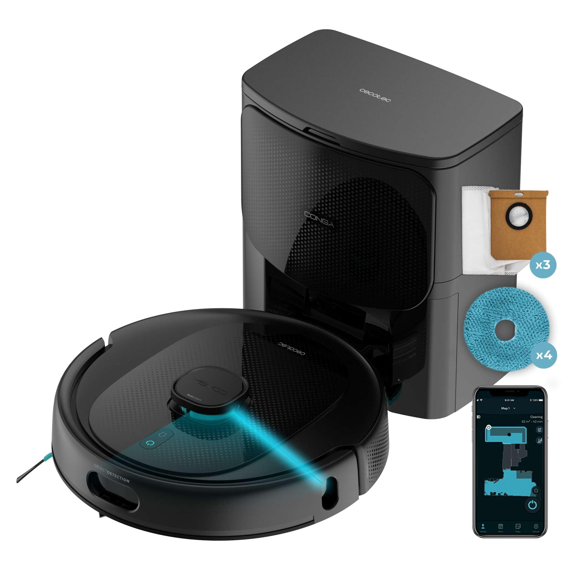 Cecotec Robot Aspirador Conga 9990 AI Spin Revolution Supreme Home, 10.000 Pa, Navegación láser, Base de Autovaciado, Inteligencia Artificial, Evita Objetos, Control App, 240 min AutonomÃa