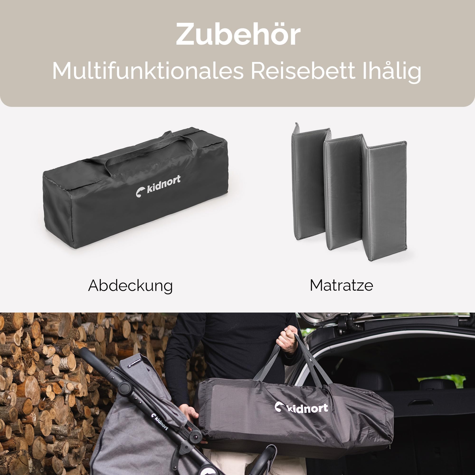 Grotta Reisebett Baby mit Matratze klappbares Babybett Kinderreisebett mit Seiteneinstieg Netzseiten 2 Rollen mit Bremse Tragetasche für Reise und Zuhause Dunkelgrau