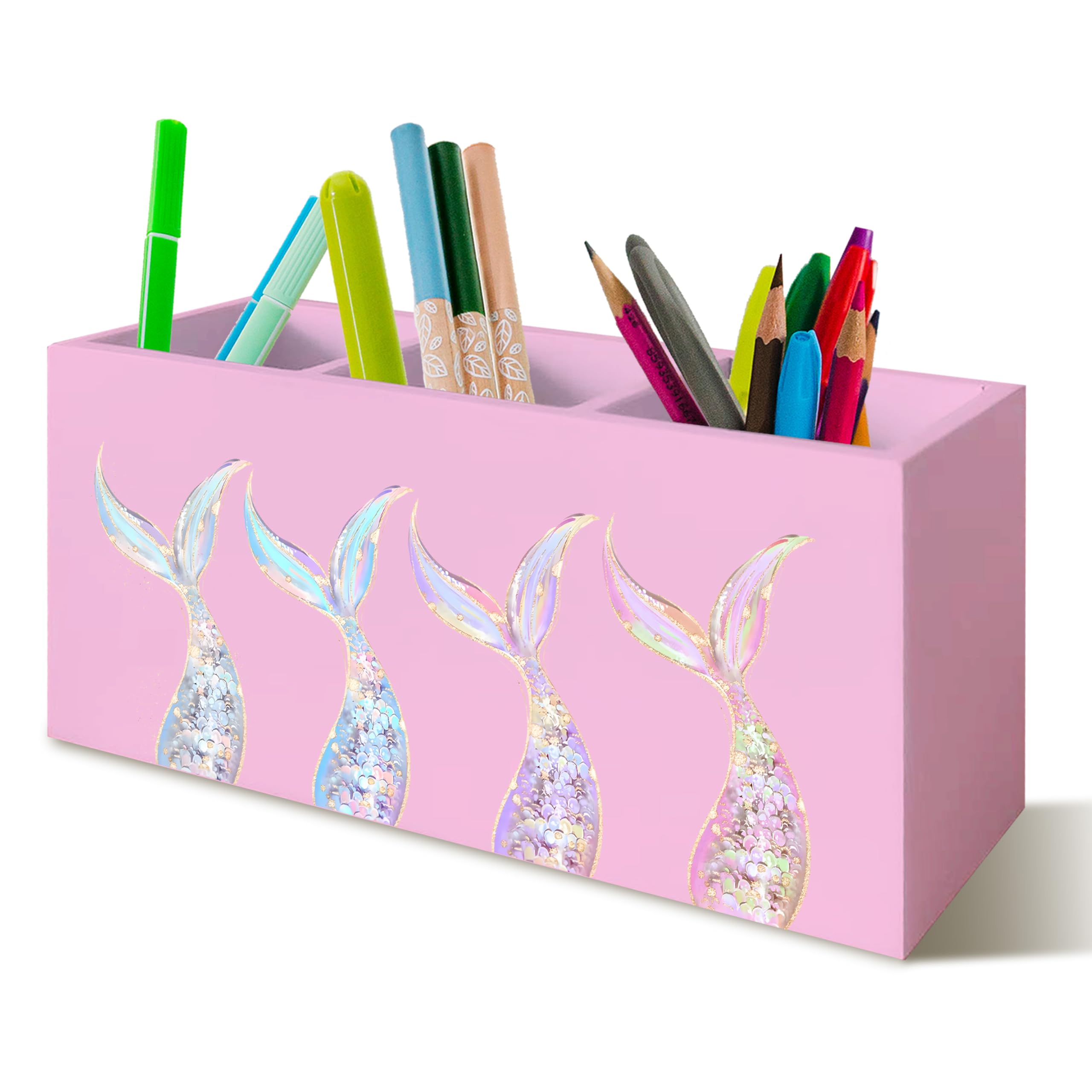 YTRGI Mermaid Gifts for Girls Women, Pastel Mermaid Beach Pen Pencil Holder Organizer for Desk, Coastal Ocean Wooden Box Block Sign for Home Classroom Dorm Office Tabletop Decor（Pink）