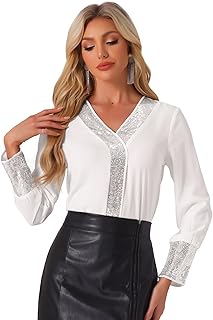 Sequin Blouse for Women's V Neck Long Sleeve Casual Lightweight Blouse S...