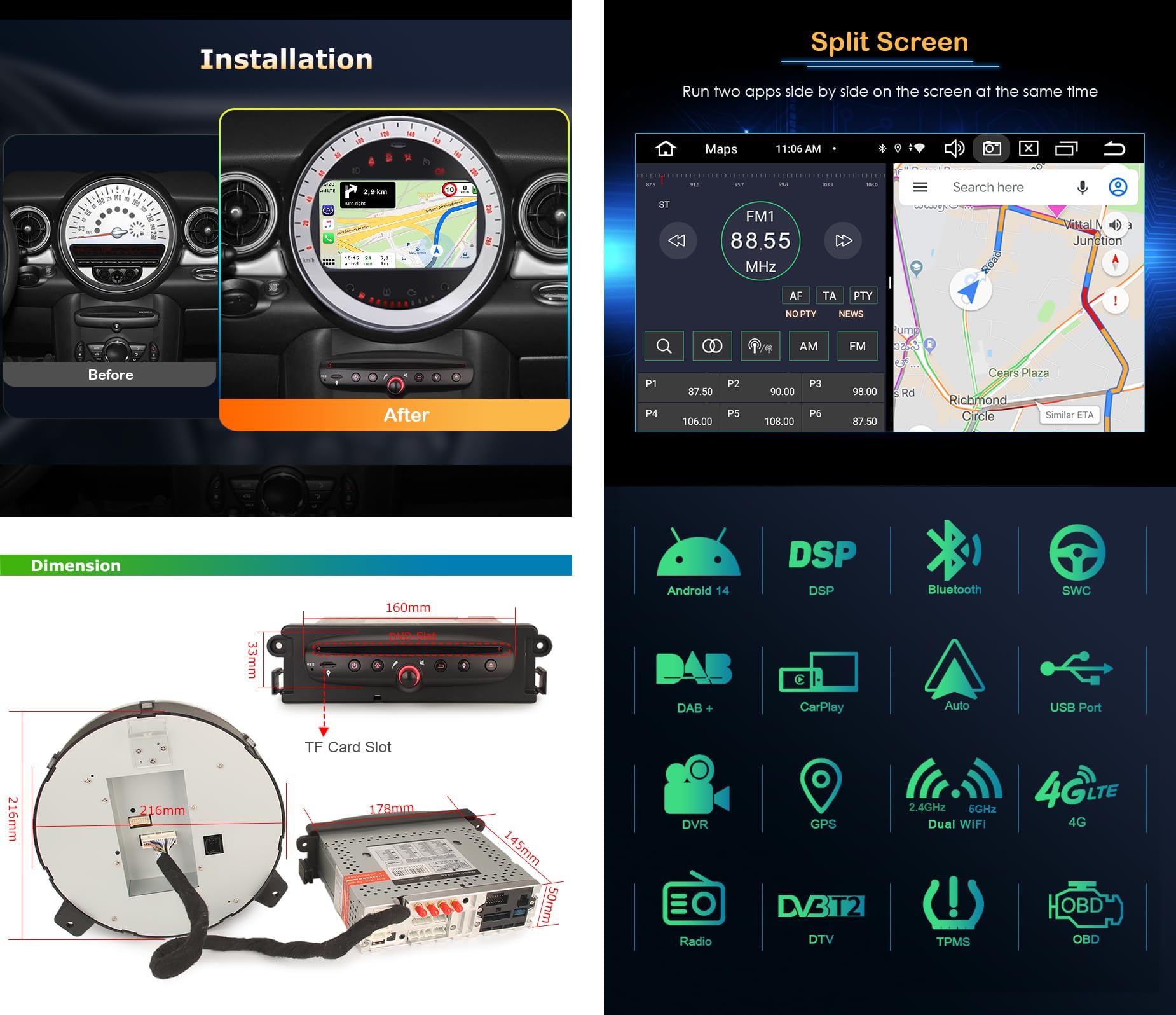 4Go+64Go 8 Core Android 14 Autoradio Stéréo Android Auto & Apple CarPlay pour BMW Mini Cooper R56 Countryman GPS pour Voiture DSP Bluetooth 5.0 WiFi Dab+ GPS Canbus CD DVD Écran Tactile