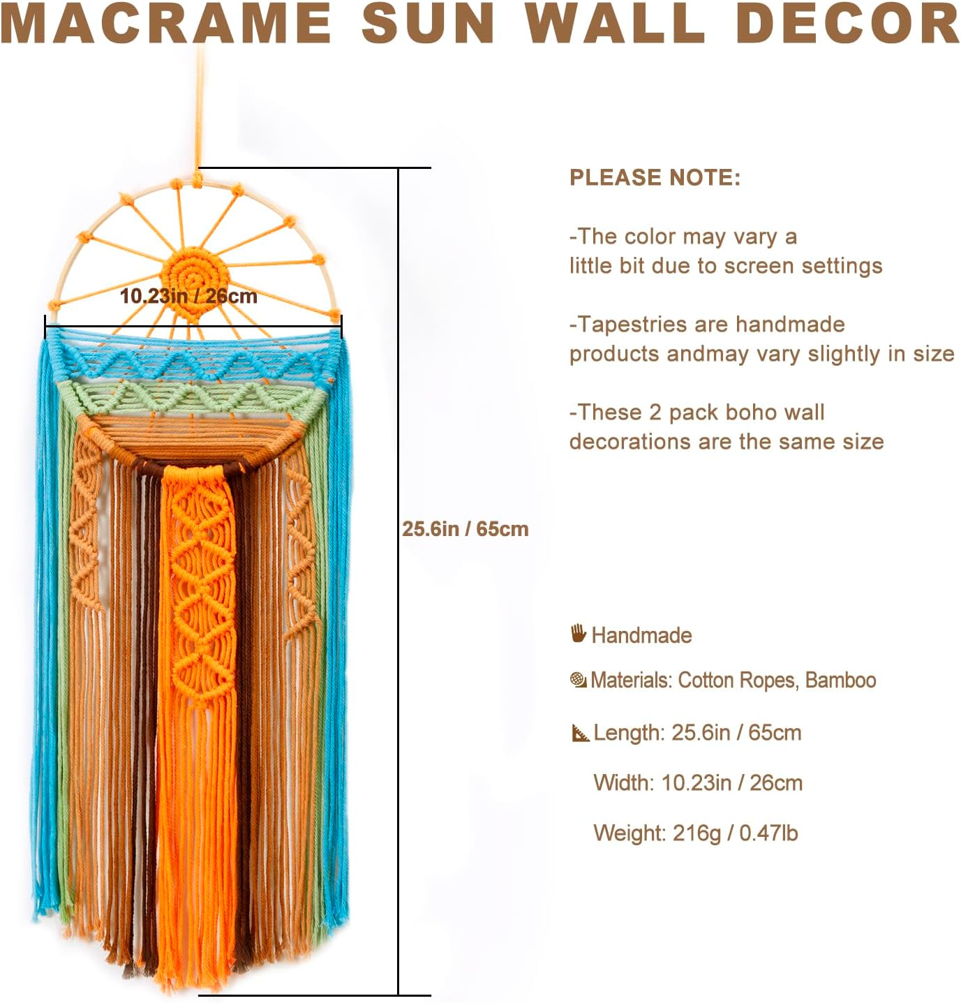 Artilady 2 Pack Macrame Sun Wall Decor Hanging Tapestry Sunrise Sunset Wall Art Set, Hand Woven Boho Tapestries Colorful Decor For Bedroom Living Room Nursery Apartment (2 Pcs)