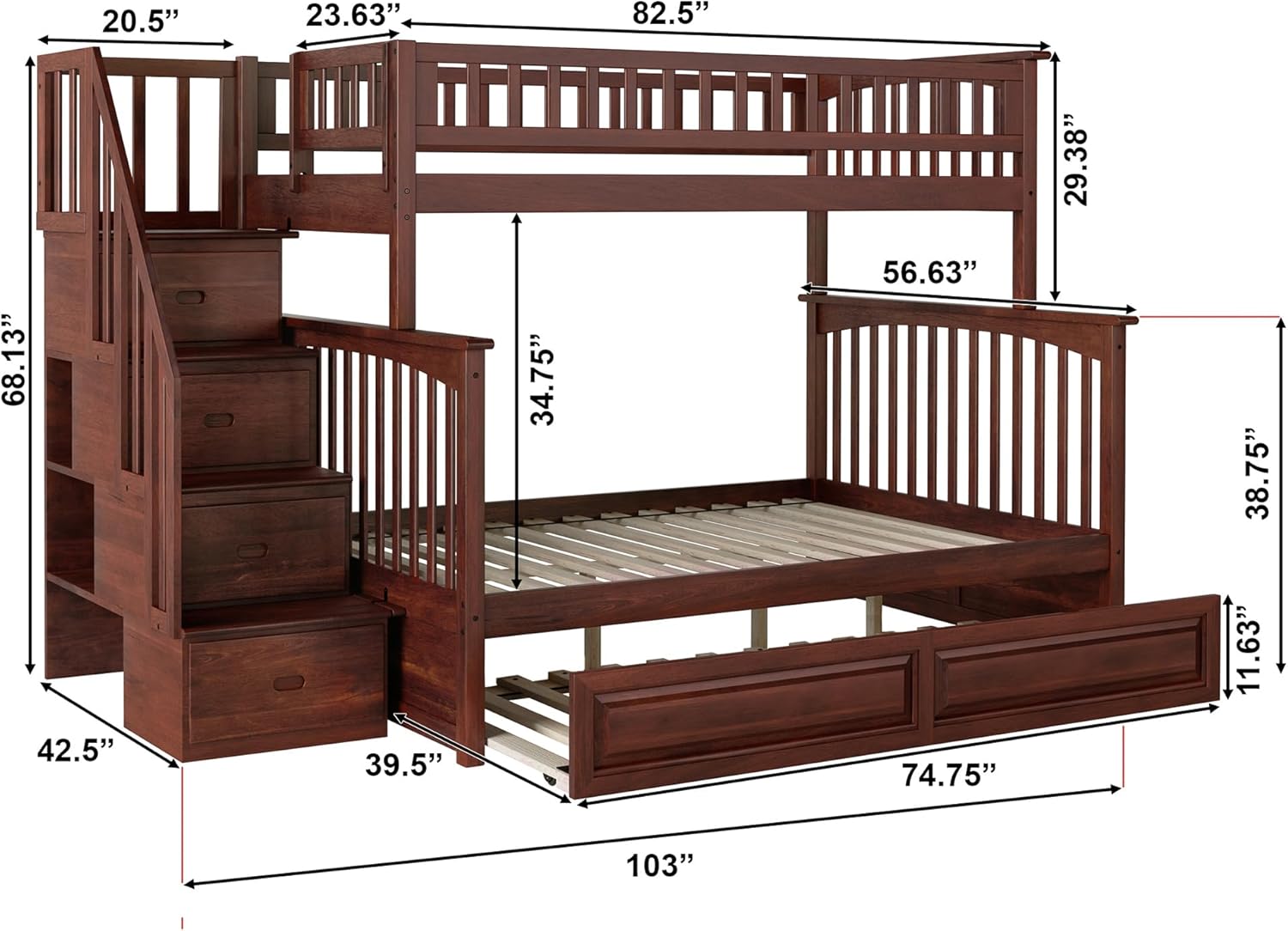 AFI, Columbia Staircase Bunk Bed Twin Over Full with Twin Raised Panel Trundle, Walnut
