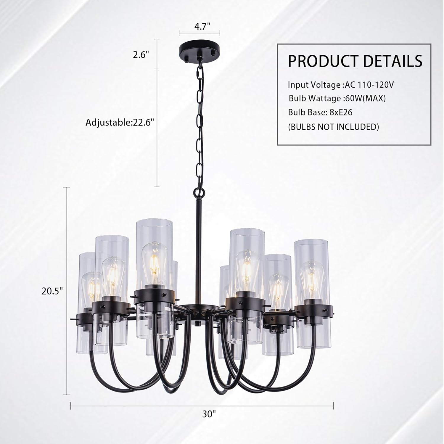 Wellmet Black Farmhouse Chandelier, 8-Light Spider Glass Shade Chandelier, Outdoor Lighting Fixture Hanging for Foyer, Modern Black Pendant Light for Living Room, Dining Room, Bedroom, Entryway