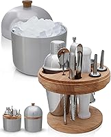 GustoNostro Cocktail Shaker Set with Ice Bucket - Premium Bartender Kit, Stainless Steel Tools, Wooden Stand, Jigger, Muddler & 30 Recipes