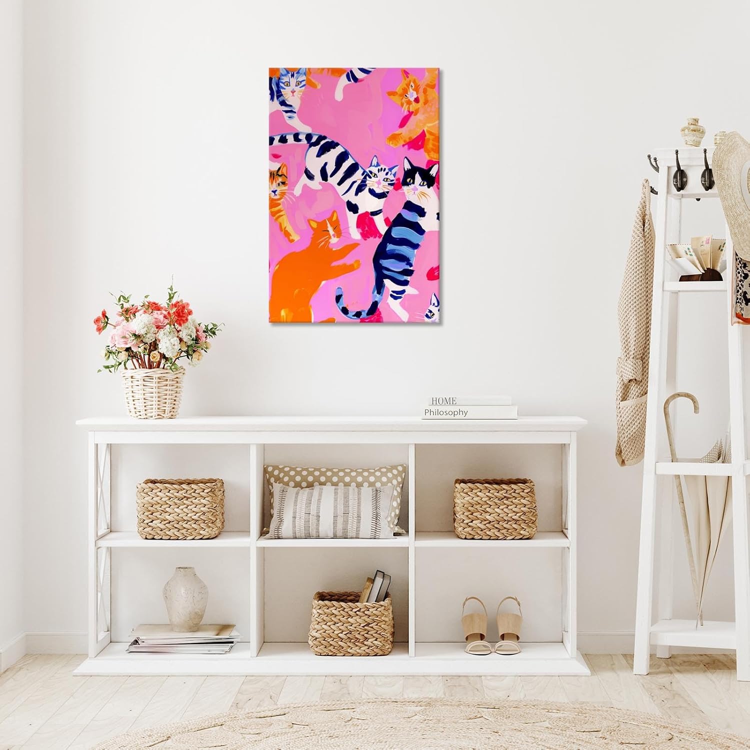 Pink Cute Cat Poster Preppy Colorful Animal Canvas Wall Art Maximalist Dopamine Kitsch Pet Aesthetic Prints Painting For Living Room Bedroom Bathroom Wall Decor 16x24in Wframed