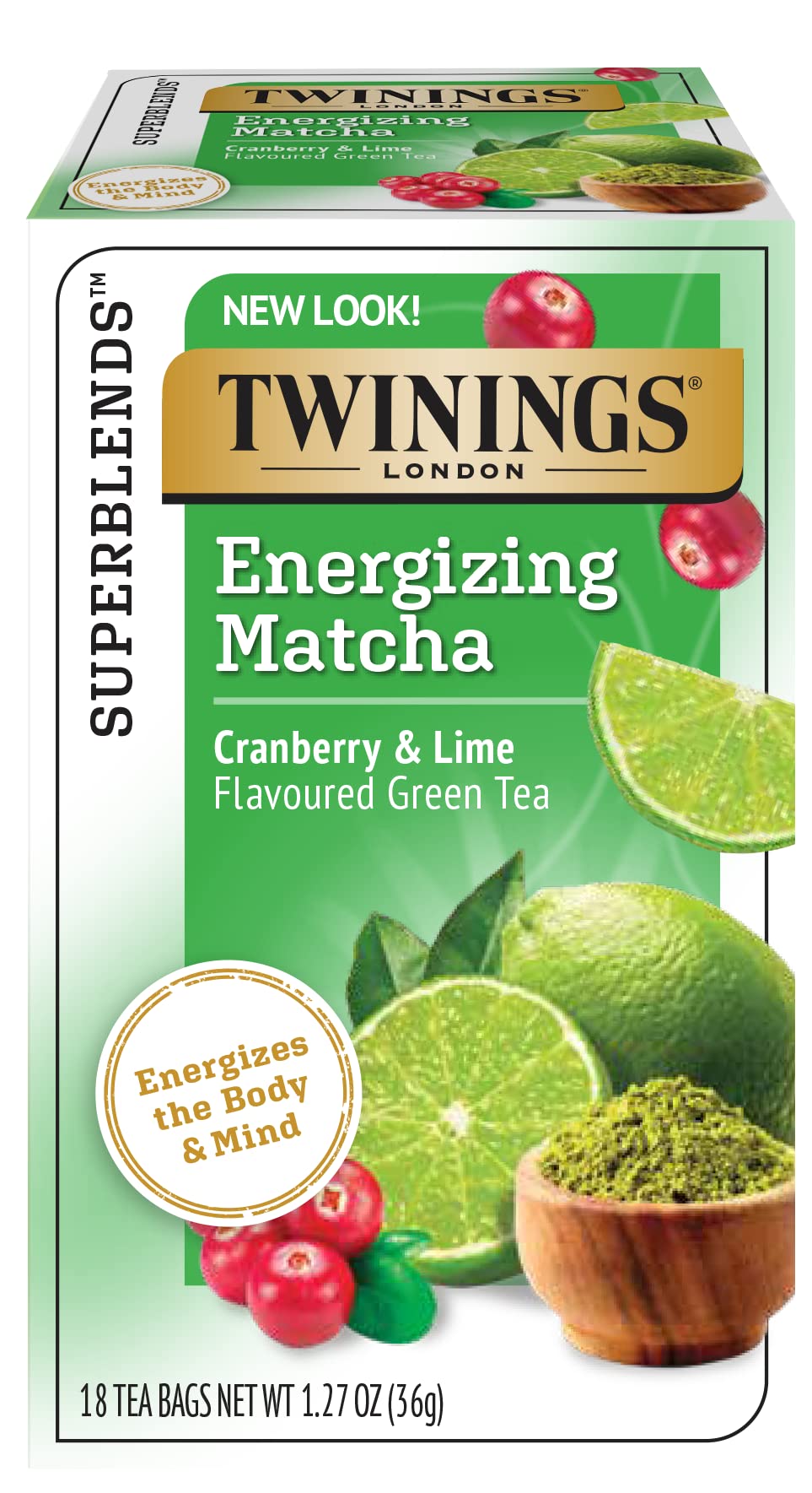 Twinings Superblends Energizing Matcha Cranberry & Lime Flavoured Green Wellness Tea, 18 Tea Bags (Pack of 6)