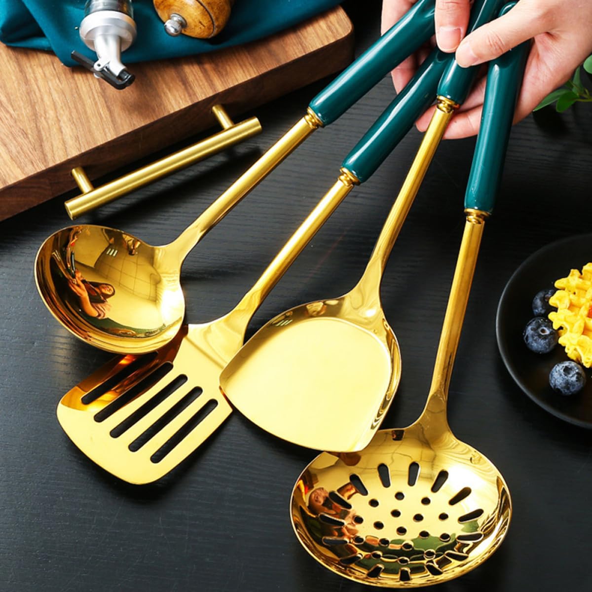 Uonlytech Utensili Cucina Manico in Ceramica Set in Acciaio Inossidabile Resistente al Calore e Affidabile, per Cucinare e Preparazioni Casalinghe