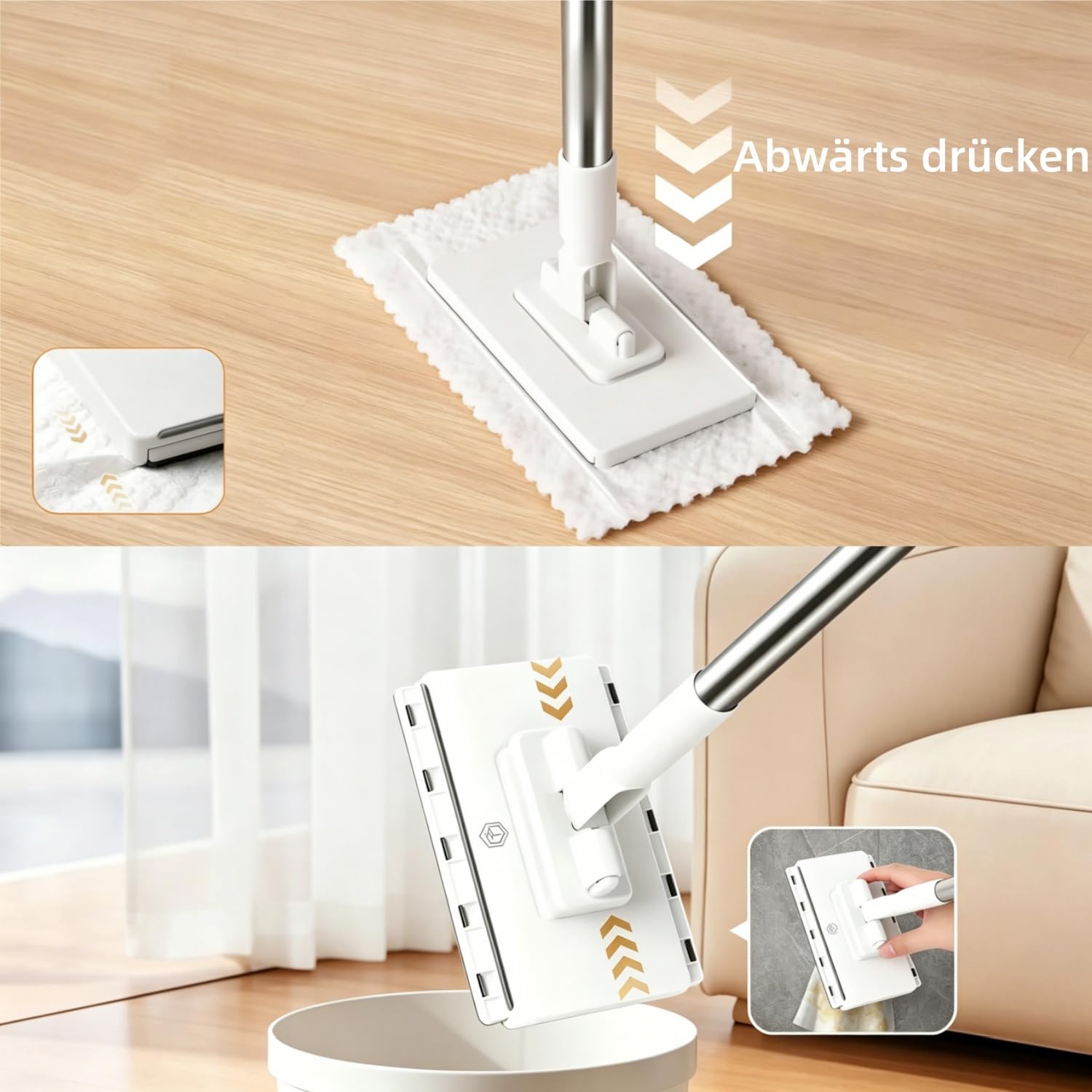Hooha Set lavapavimenti in microfibra con panno di bloccaggio automatico, smontaggio automatico premendo un pulsante, cambio con 1 pulsante, mocio senza lavaggio delle mani, adatto per casa, ufficio e