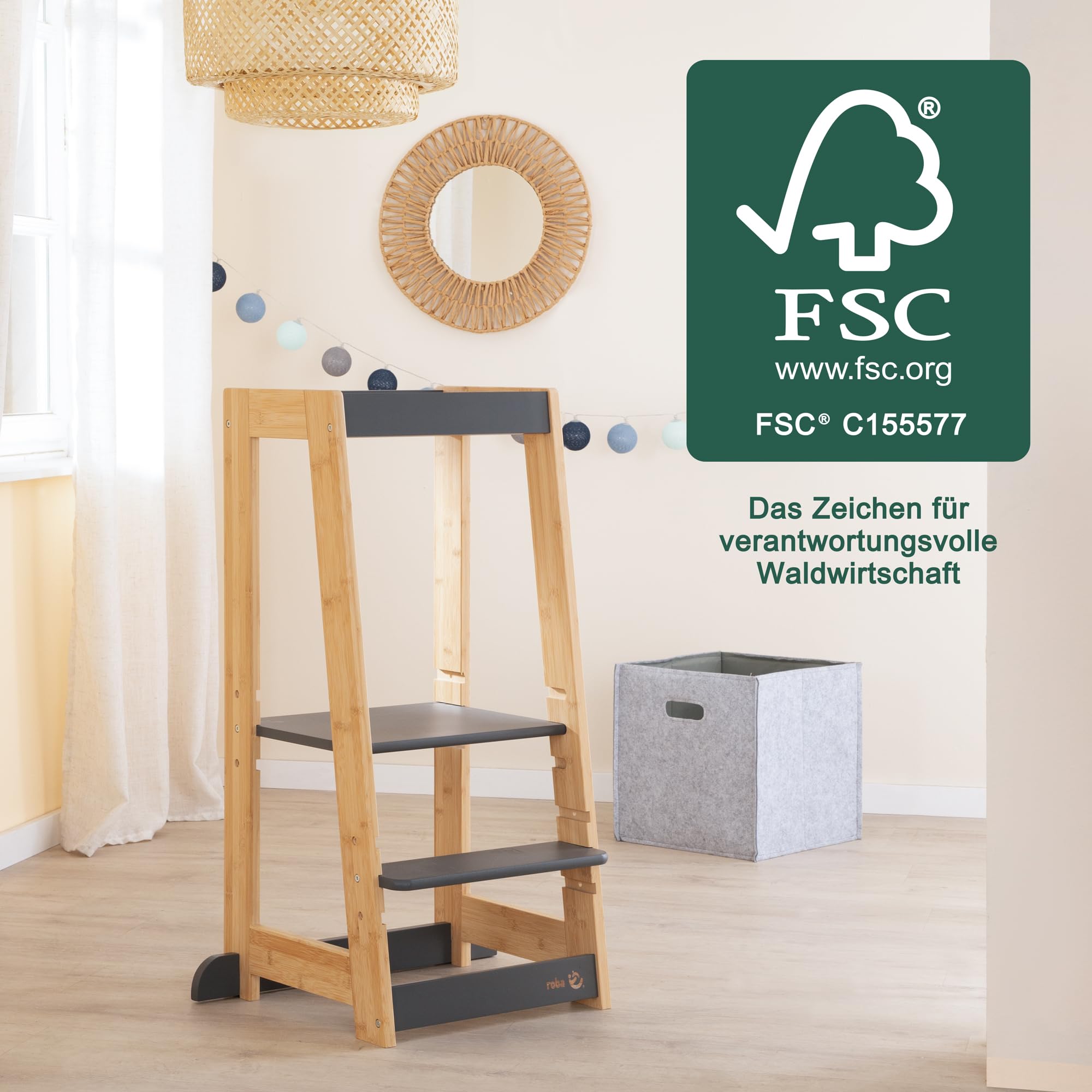 roba wieża edukacyjna z drewna - dwukolorowa - Bezpieczny stołek dla dzieci - Idealny jako pomocnik kuchenny - Wytrzymuje obciążenie do 80 kg - Certyfikowany bambus FSC®