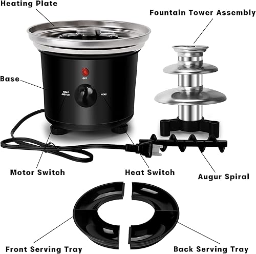 Vista 6 de Fuente de fondue de chocolate de 16 onzas, mini fuente de chocolate de 3 niveles con 6 tenedores de fondue y bandeja de extracción de frutas/frutos