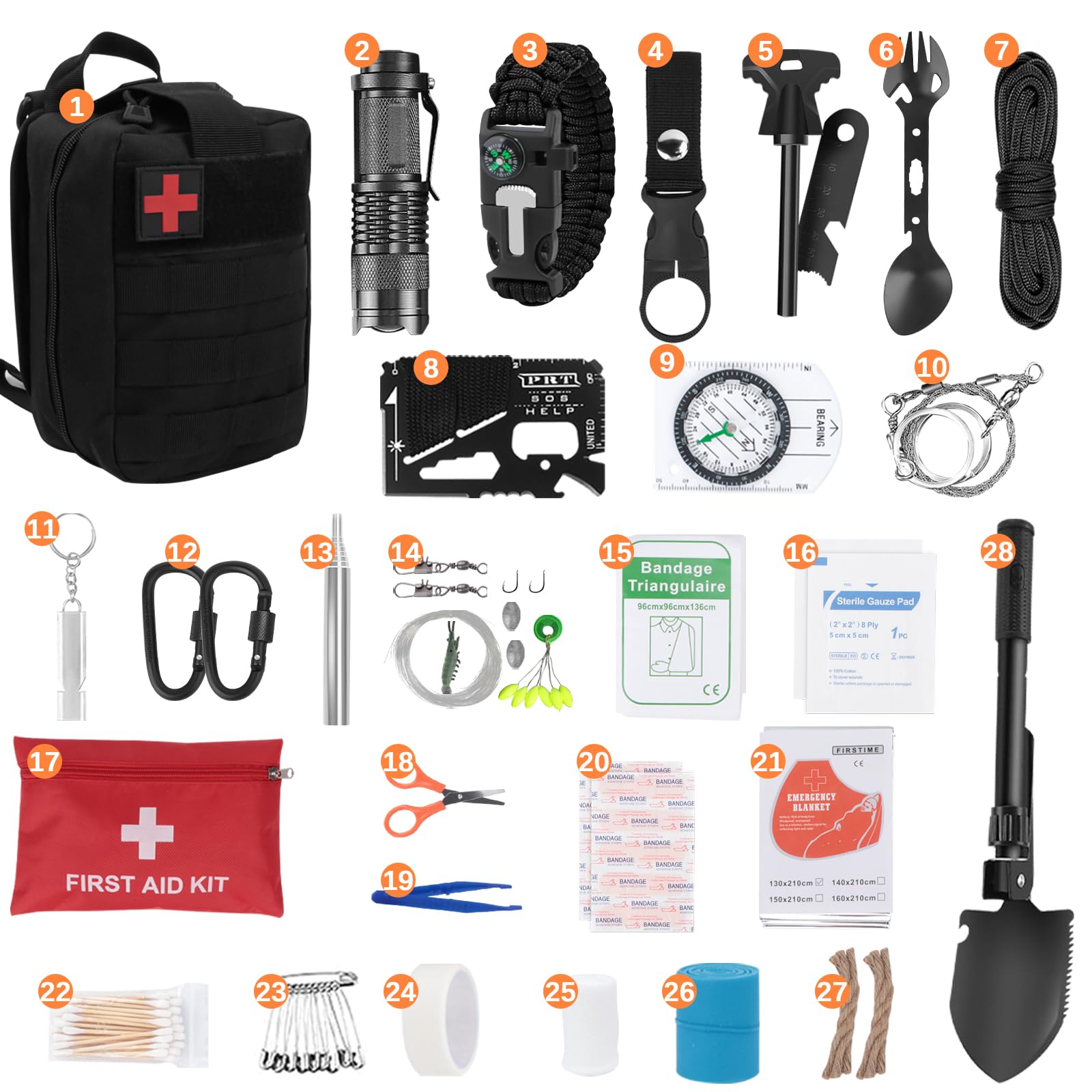 69 Piezas 30 en 1 Kit de Supervivencia con Botiquín de Primeros Auxilios, Manta de Emergencia y Brújula, Equipo de Supervivencia Profesional para Camping Senderismo Caza (69Pcs 29 in 1)