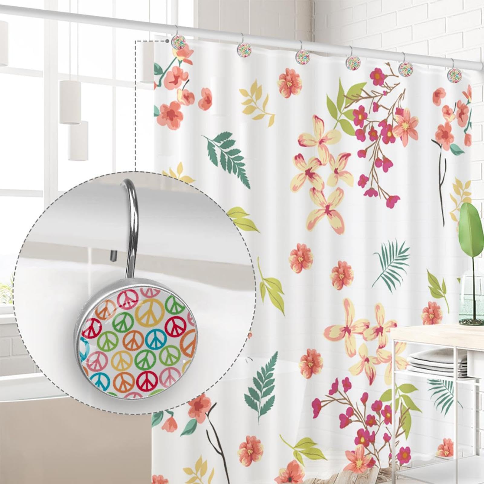 Lot de 12 crochets de rideau de douche, motif signe de paix, anneaux de rideau de douche en acier inoxydable, anneaux pour tringles de douche de salle de bain