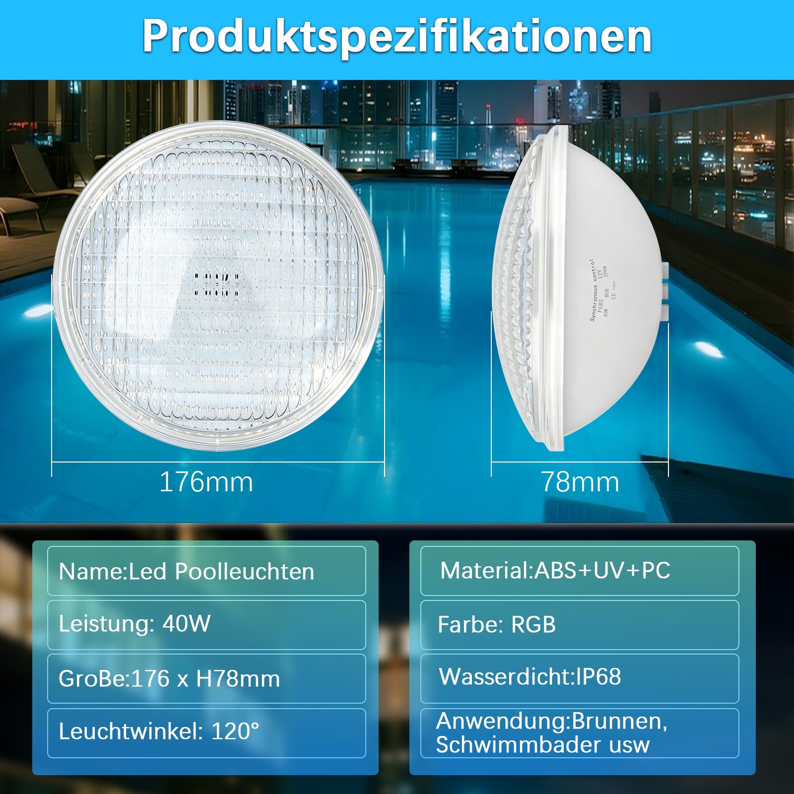 LED Poolbeleuchtung RGB, 40W PAR56 Unterwasser Led Lichter, Schwimm Badleuchte Externe Synchronisation Mit Fernbedienung Pool Light, 12V AC IP68 Wasserdicht für Landschaft, Garten