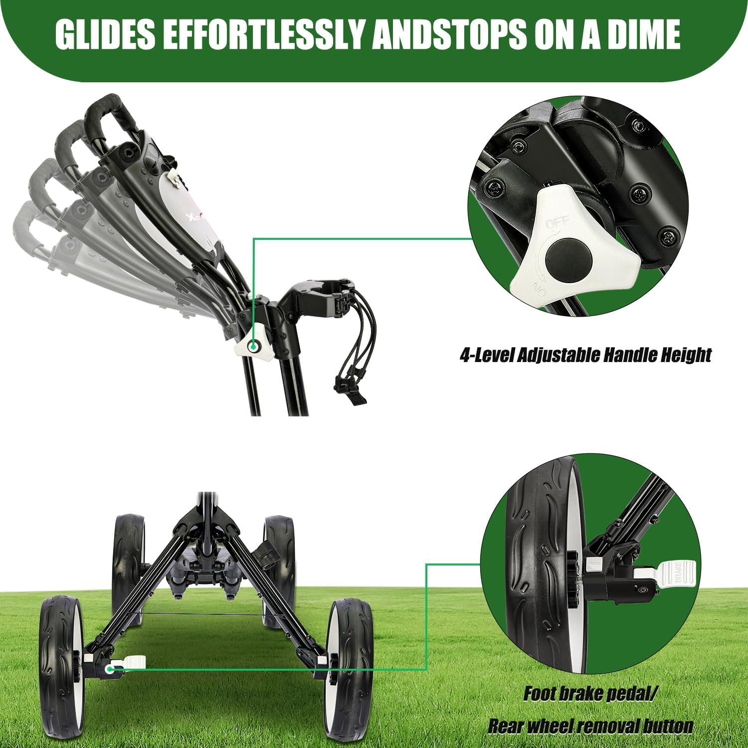 GC53 Stable 4-Wheel Golf Trolley, Compact One-Click Fold Push Cart with Cup Holder, Scorecard Slot & Storage