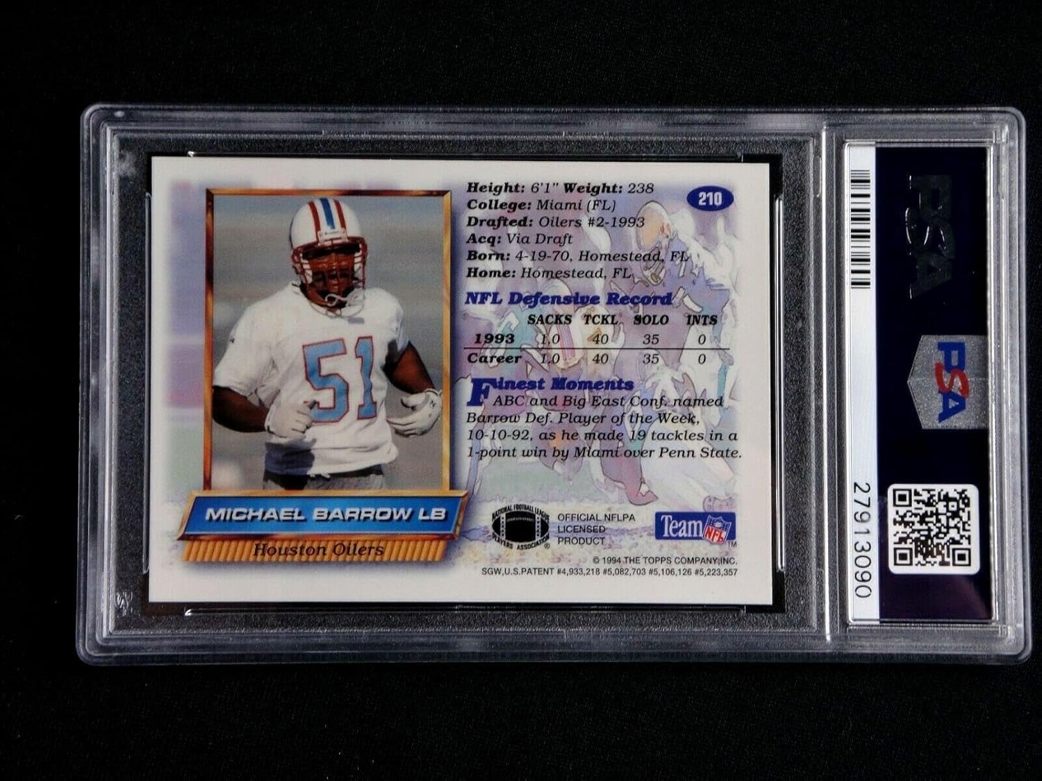 Michael Barrow 1994 Topps Finest Refractor Card #210 Psa 9 Mint With No Higher - Unsigned Football Cards