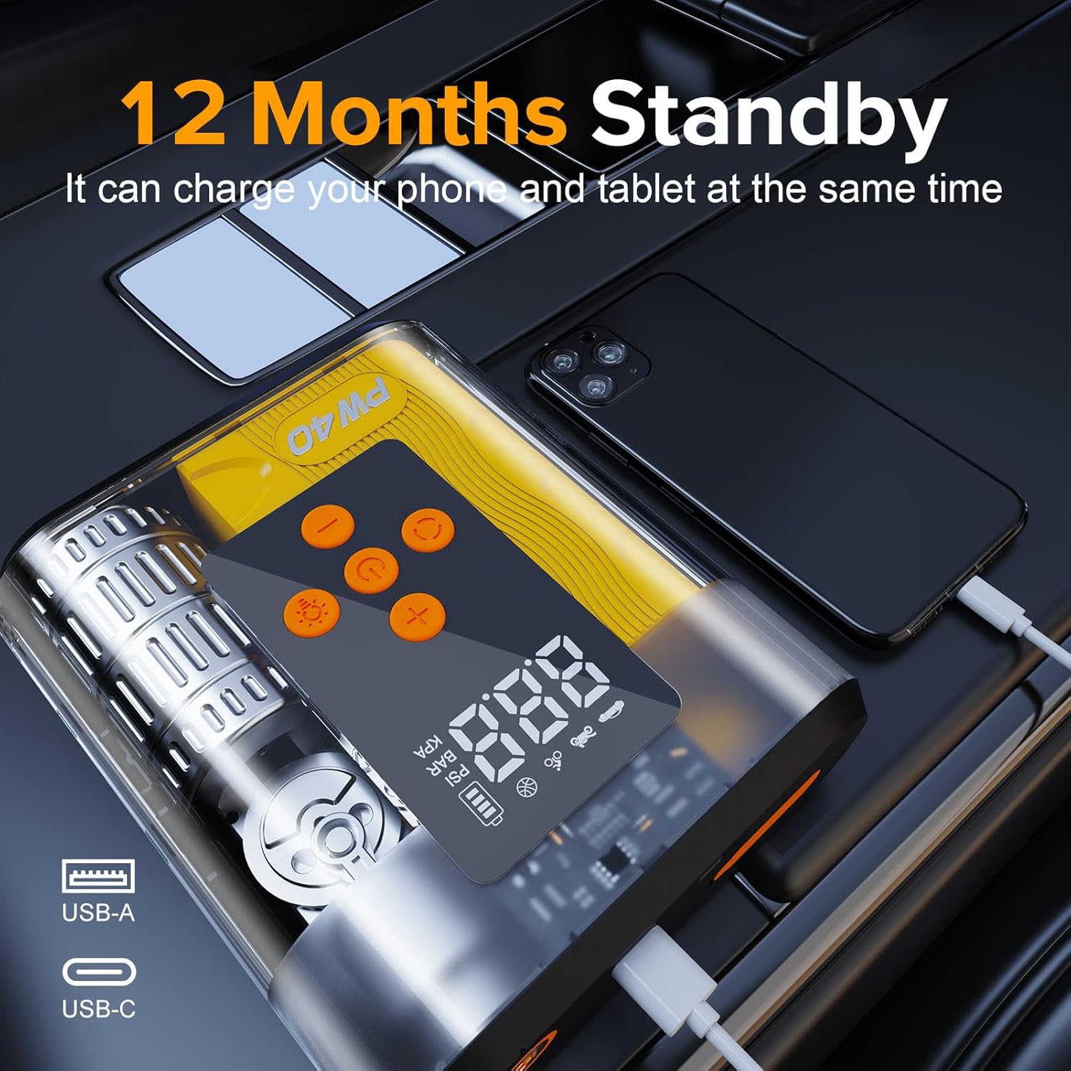 Jump Starter with Air Compressor, 4000A Peak Car Battery Charger, 200 PSI Tire Inflator, Heavy Duty Power Pack for Up to 9.0L Gas, 8.0L Diesel Engines, LED Light, USB Ports, Emergency Road Kit