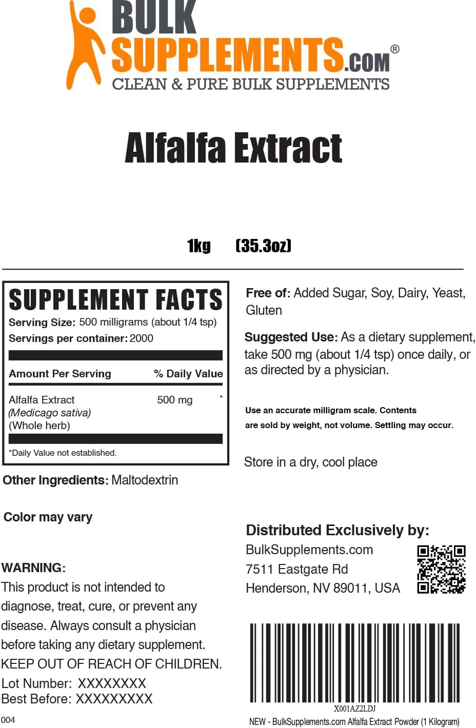 BulkSupplements.com Alfalfa Extract Powder - Alfalfa Supplement, Green Superfood Powder - Vegan & Gluten Free, Green Supplements - 500mg per Serving, 1kg (2.2 lbs) (Pack of 1)
