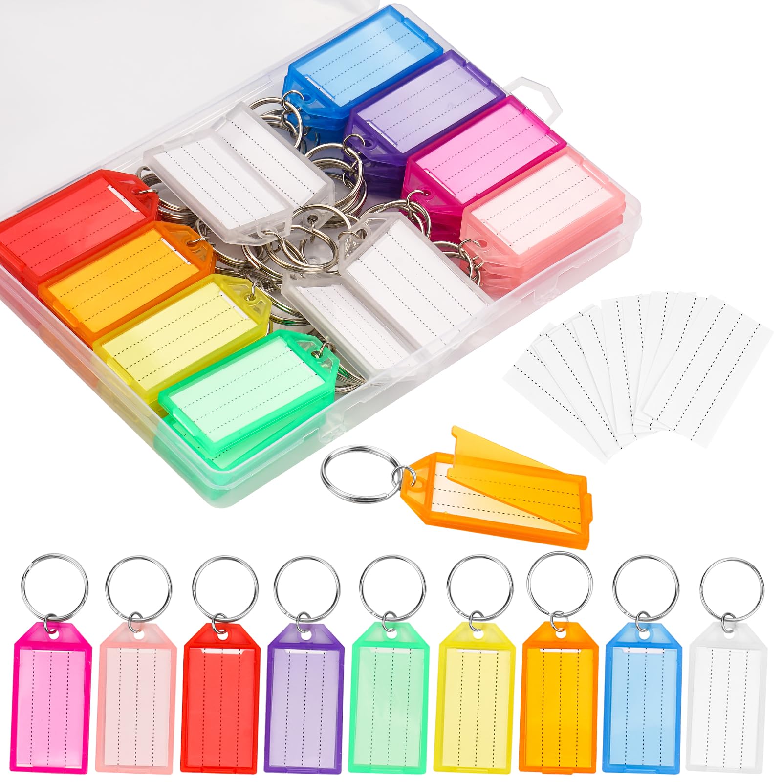 JIUBULUJIU 36 Pack Key Tags, 9 Color Keyrings with Plastic Box, Key Tags with Labels and Extra Paper Labels for Keys, Pets, Luggage