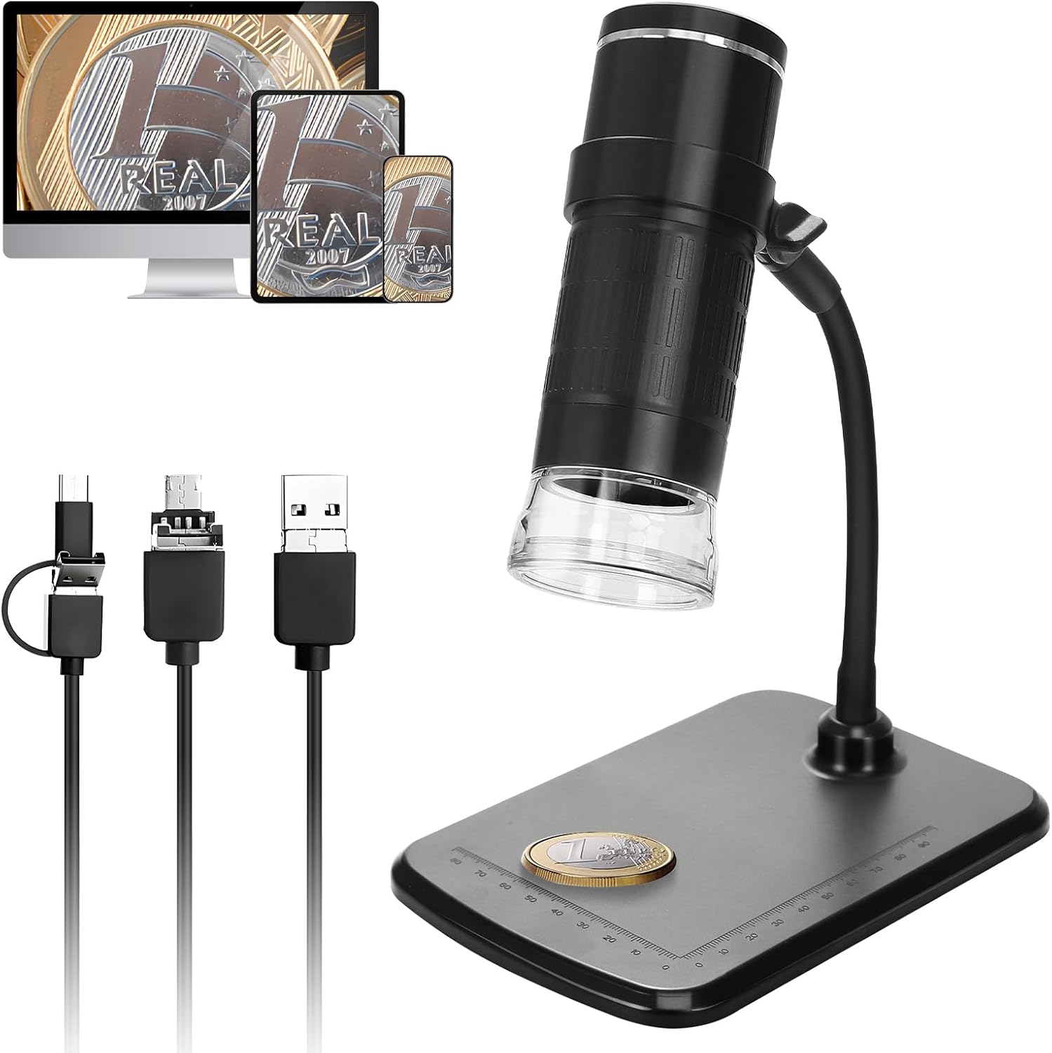 USB Digital Microscope 1000x: 50x-1000x High Magnification HD&Clear Image for Coins Soldering - Portable Microscope with Stand&8 LED Lights for Collectors - Compatible for Phone Computer Thumbnail