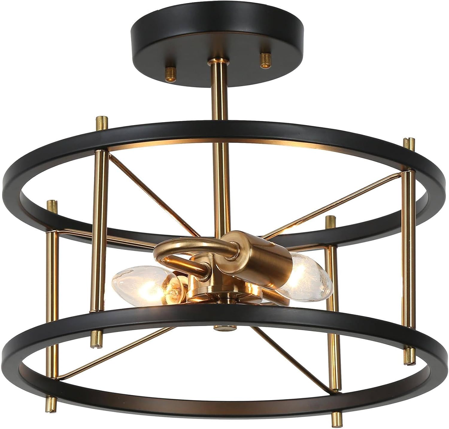 KSANA Semi Flush Mount Ceiling Light Fixture, 12 inch Mid-Century Modern Close to Ceiling Light Fixtures, Black Gold Hallway Lighting Fixtures Ceiling, 2 Lights Drum Light Fixture