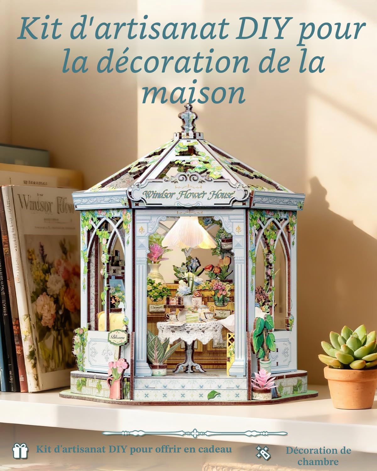 CUTEBEE Book Nook Puzzle 3D Rétro Européen - Kit à Assembler Maison de Poupée Jardin d'hiver, Décoration de Bibliothèque & Cadeau pour Adultes et Adolescents (Windsor Flower House)
