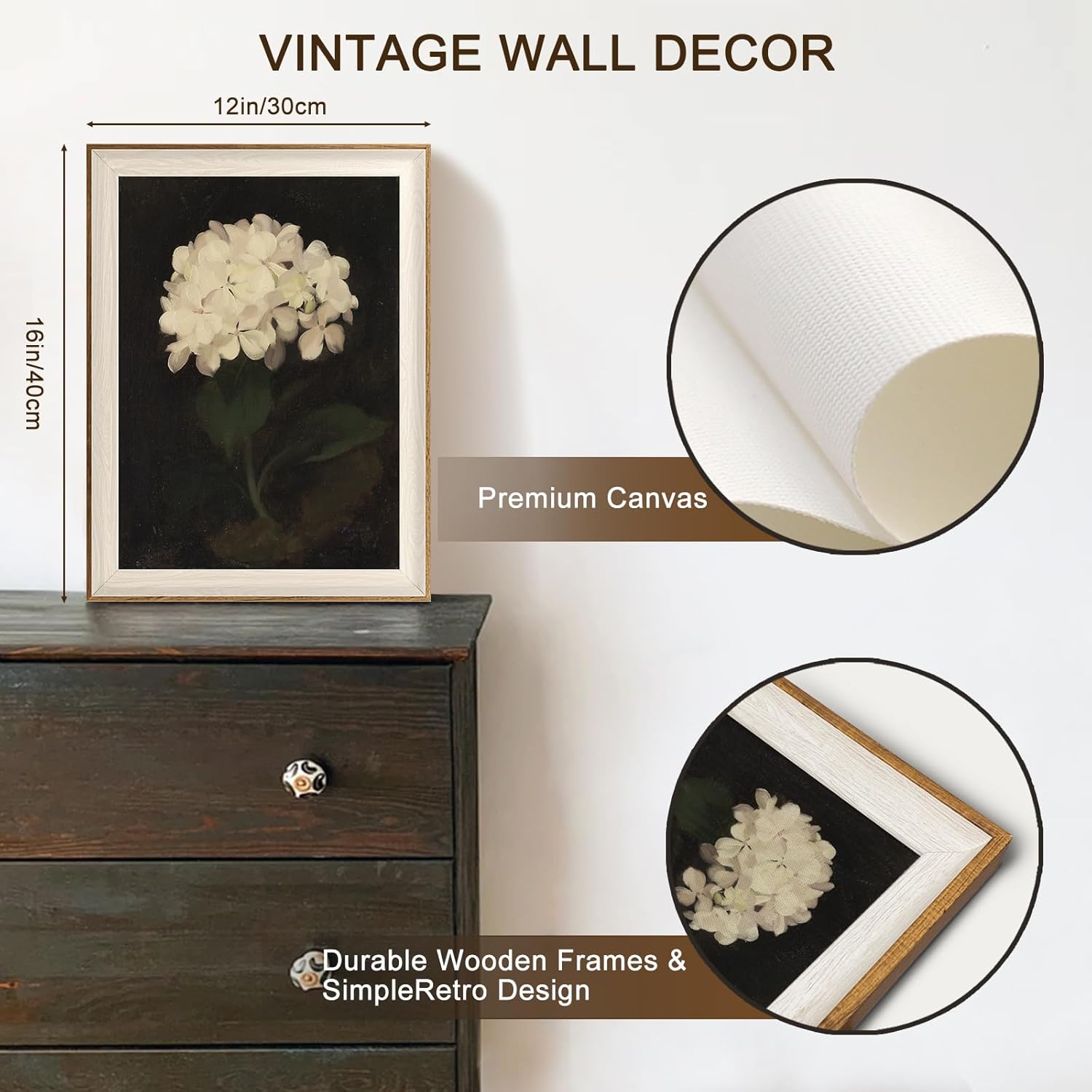 Framed Flower Wall Art, Vintage White Hydrangea Still Life Floral Art Prints, Moody Vintage Canvas Oil Painting, Antique Botanical Floral Wall Decor Pictures for Bedroom, Kitchen, Shelf, Bathroom Wall Decor - 12x16Inch