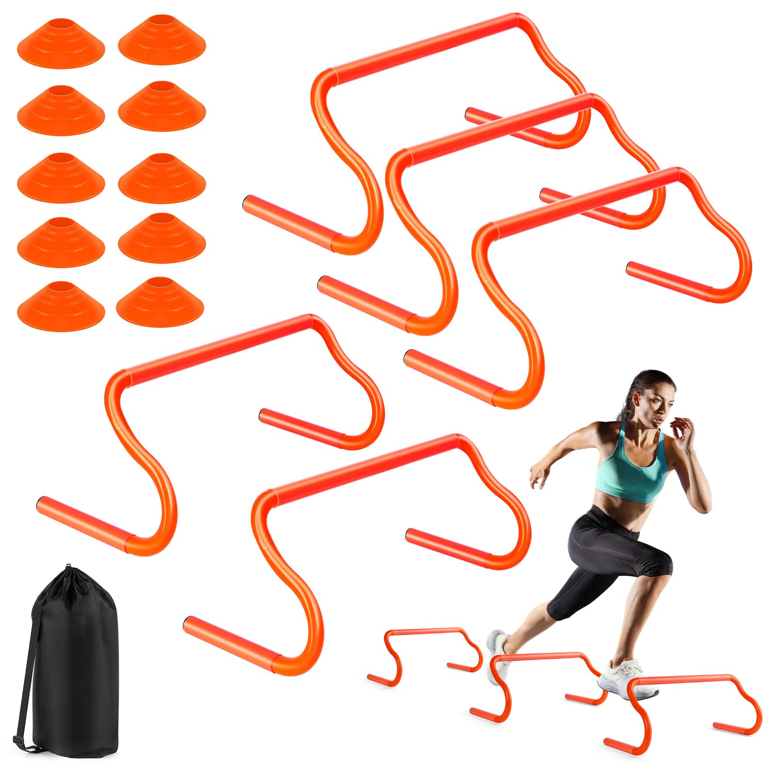 SMTPDT Agility Hurdles Training Equipment - 5 Speed Hurdles and 10 Soccer Cones with Carrying Bag for Soccer, Football, and Track Drills, Ideal for Athletes Speed and Agility Training