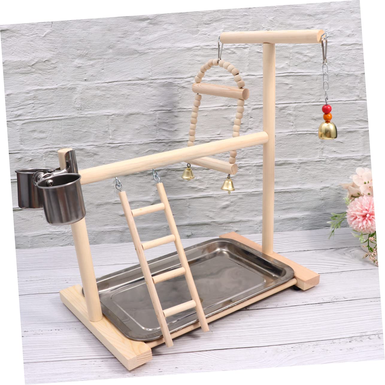 Happyyami Area Giochi per Pappagalli in Legno e Acciaio Inox | Anello e Campanella, per Gabbia e Giardino, Struttura Resistente e Arrampicata Colore Casuale