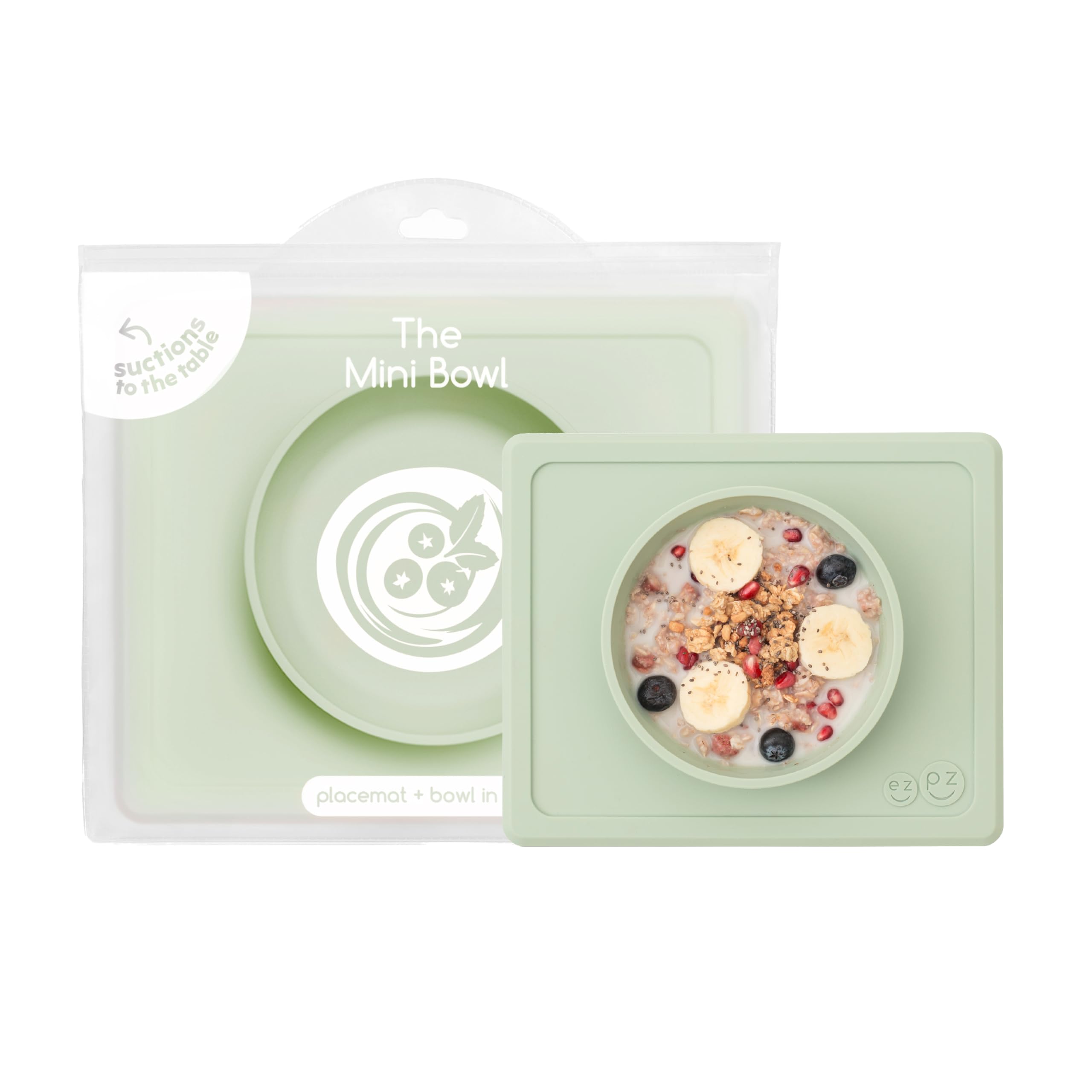 ezpz Mini Bowl (Sage) - 12 Months+ - 100% Silicone Suction Placemat + Bowl for Toddlers - Comes with a Reusable Travel Bag